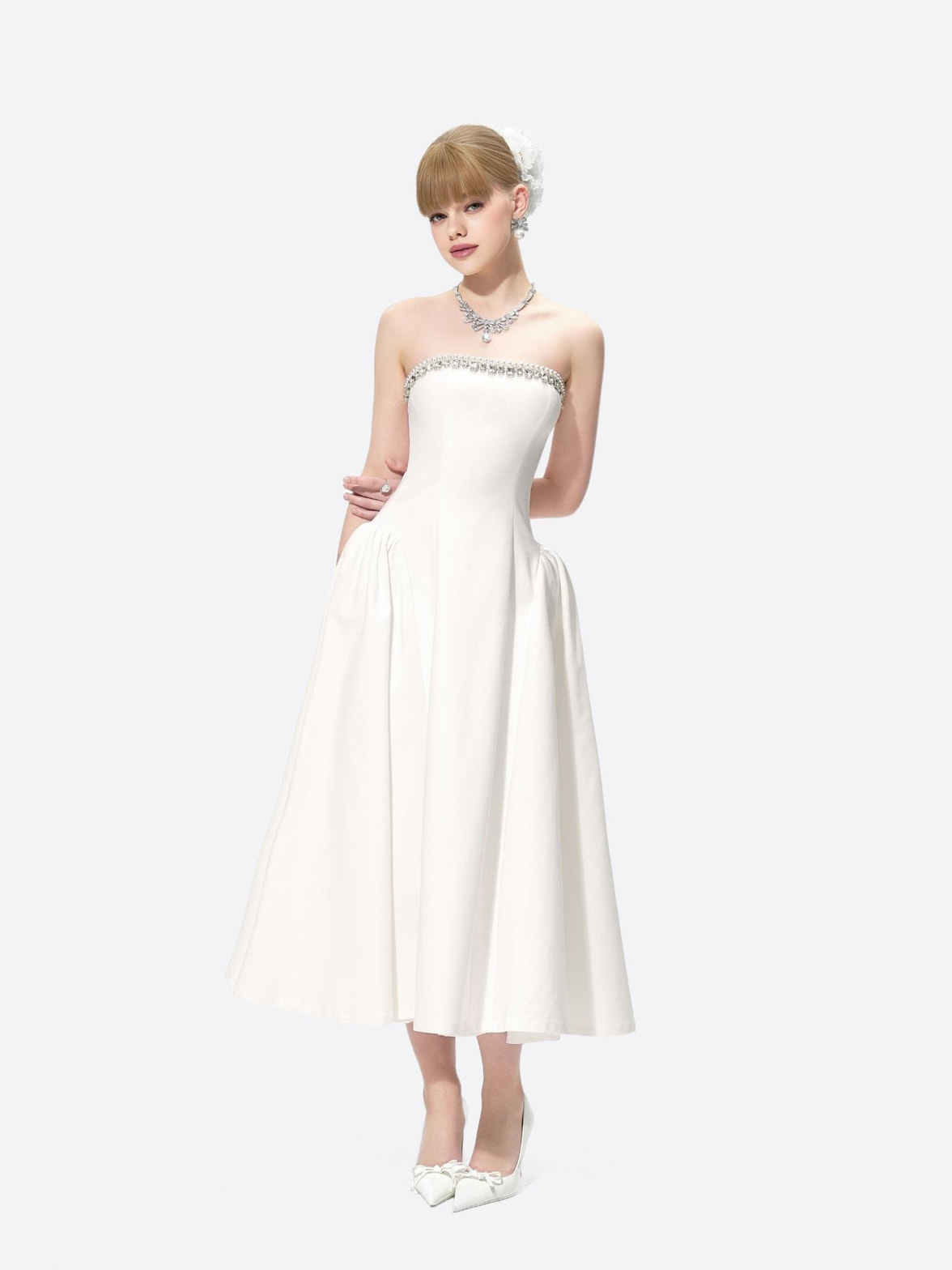 Nicolette Dress: White Midi Dress for Bridal Shower | Nana Jacqueline White / Xs Nicolette Dress: White Midi Dress for Bridal Shower | Nana Jacqueline White / Xs