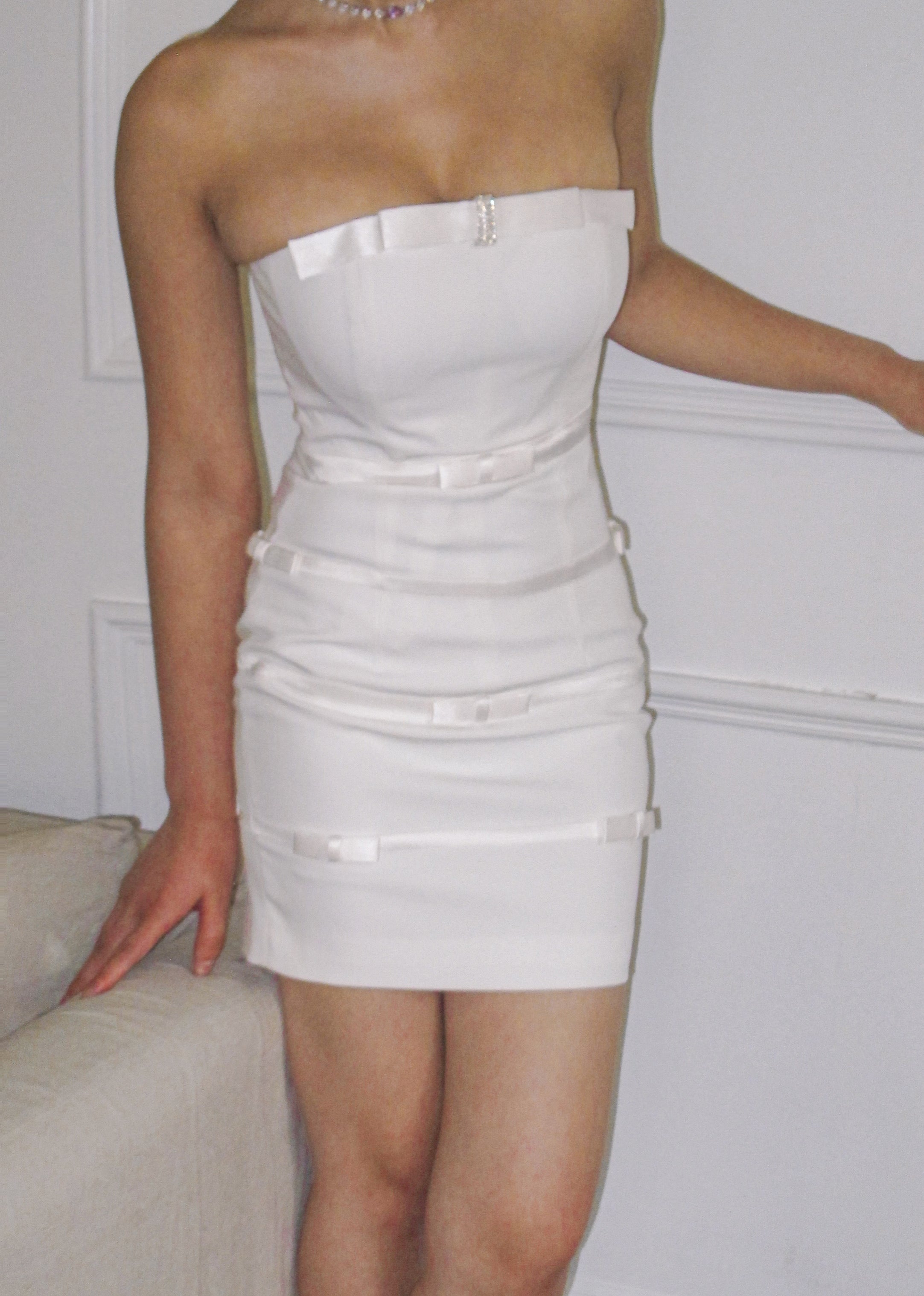 Lucie Bow Dress: White Mini Dress for Bridal Shower | Nana Jacqueline