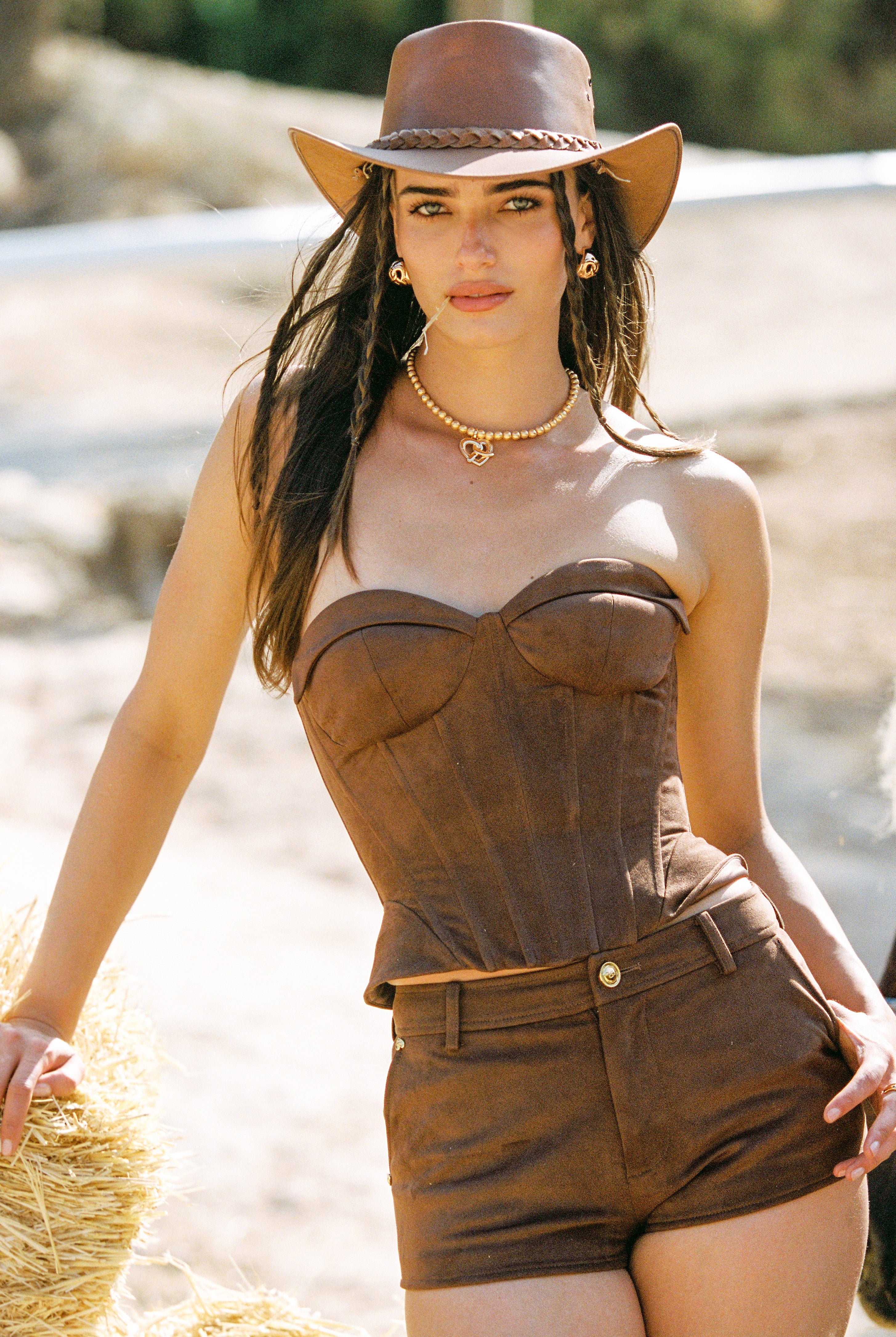 Sienna Suede Top (Brown) | Brown Strapless Suede Corset Crop