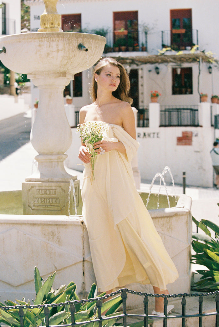 nana jacqueline yellow corset dress Lindsey Dress: Yellow Maxi Dress for Garden Wedding Guest