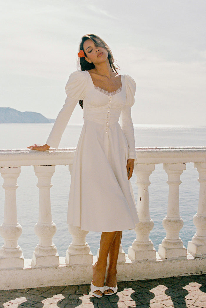 Eliana Dress: White Midi Dress for Rehearsal Dinner
