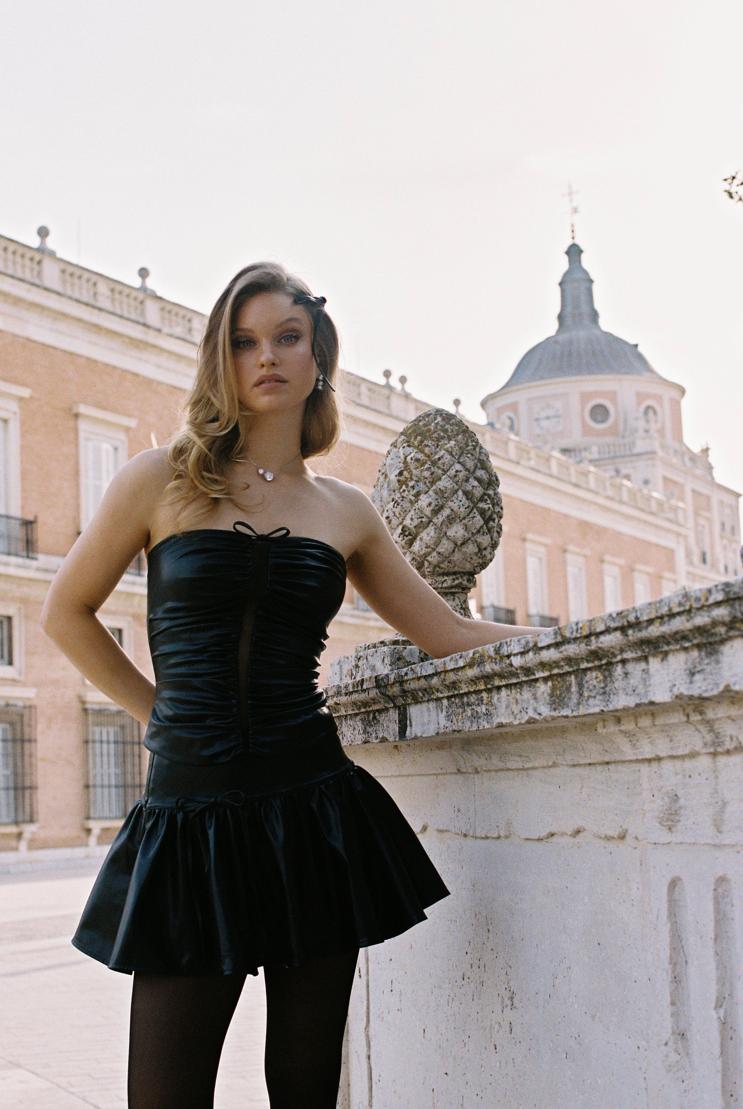 Zinnia Skirt (Black) | High-Waist Leather Mini Skirt with Bow