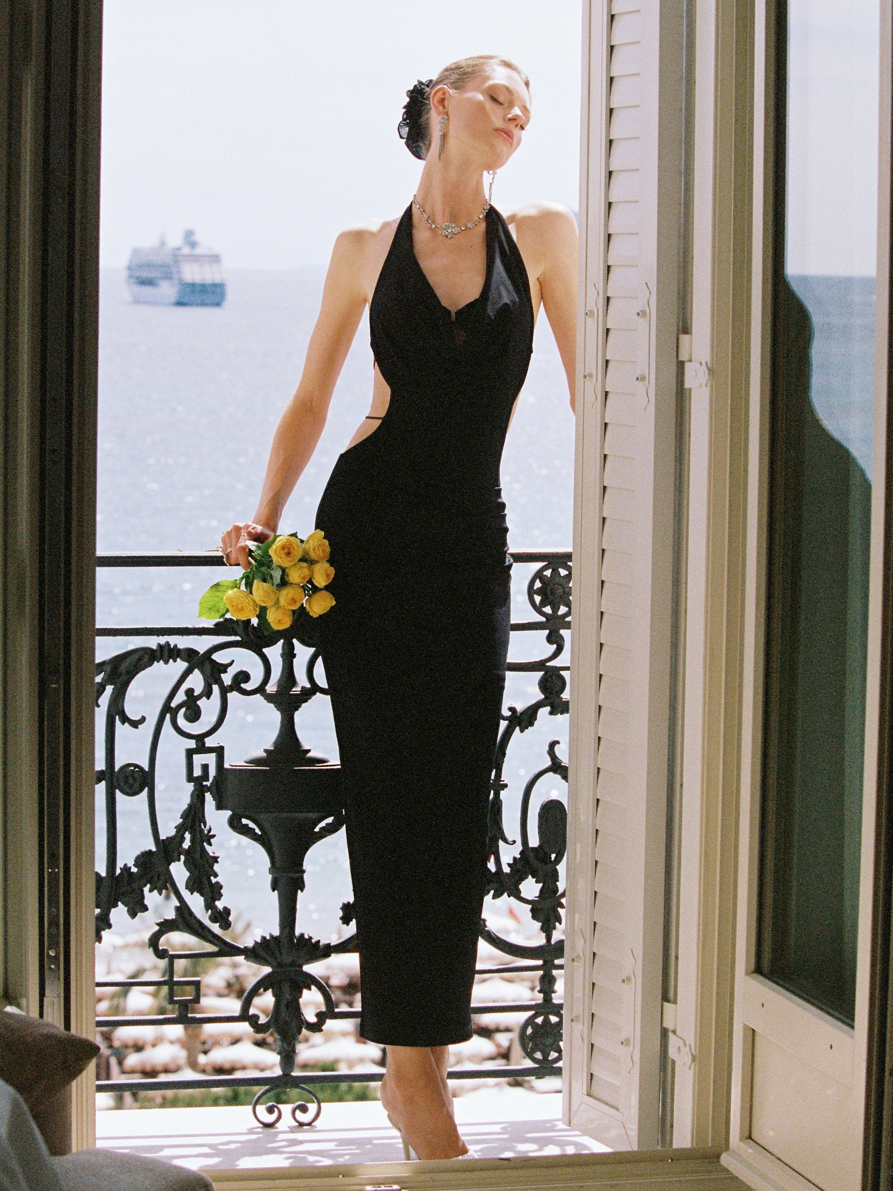 Maeve Open-Back Cowl Black Dress | Nana Jacqueline