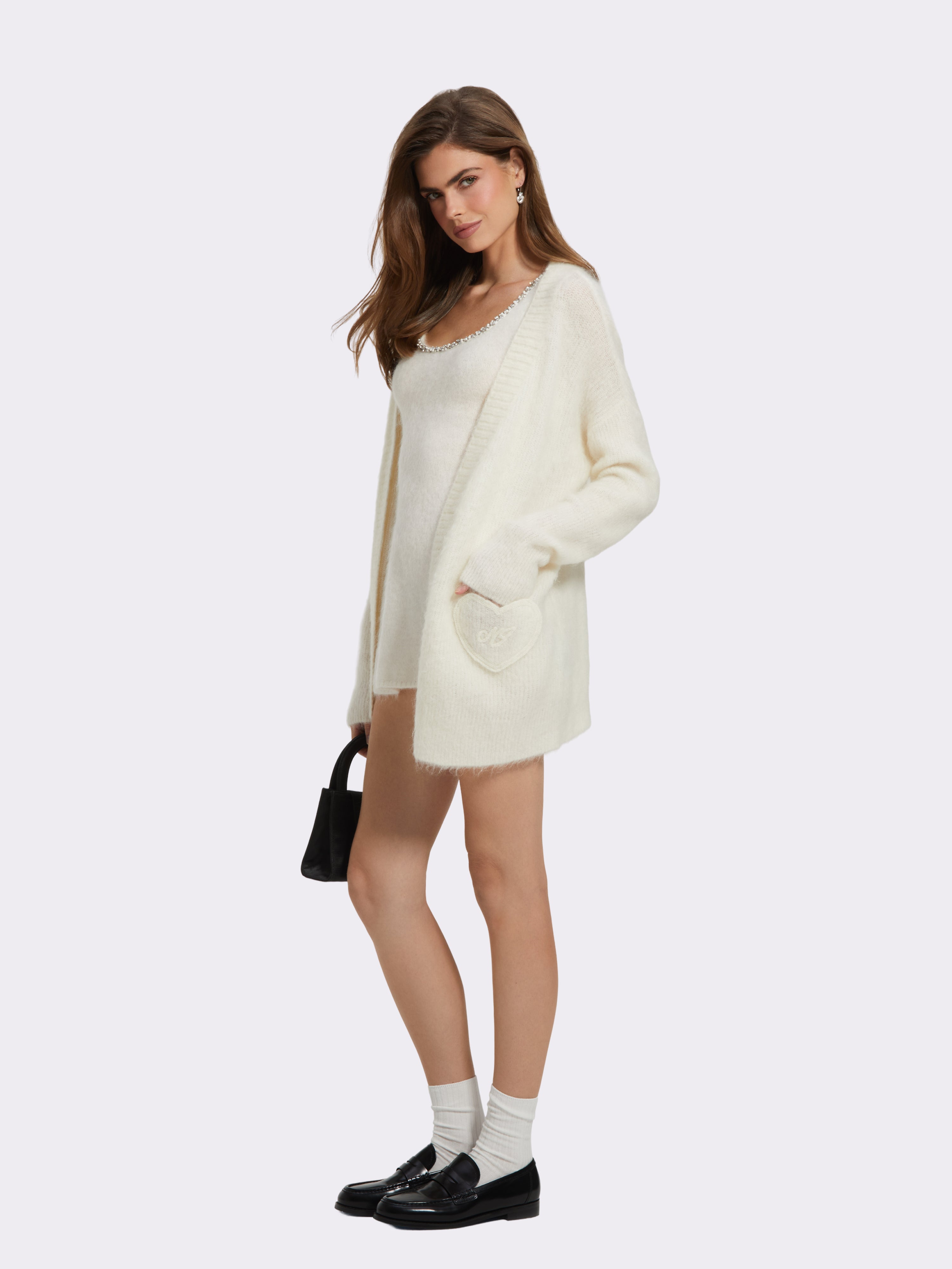 Sasha Heart-Pocket White Cardigan