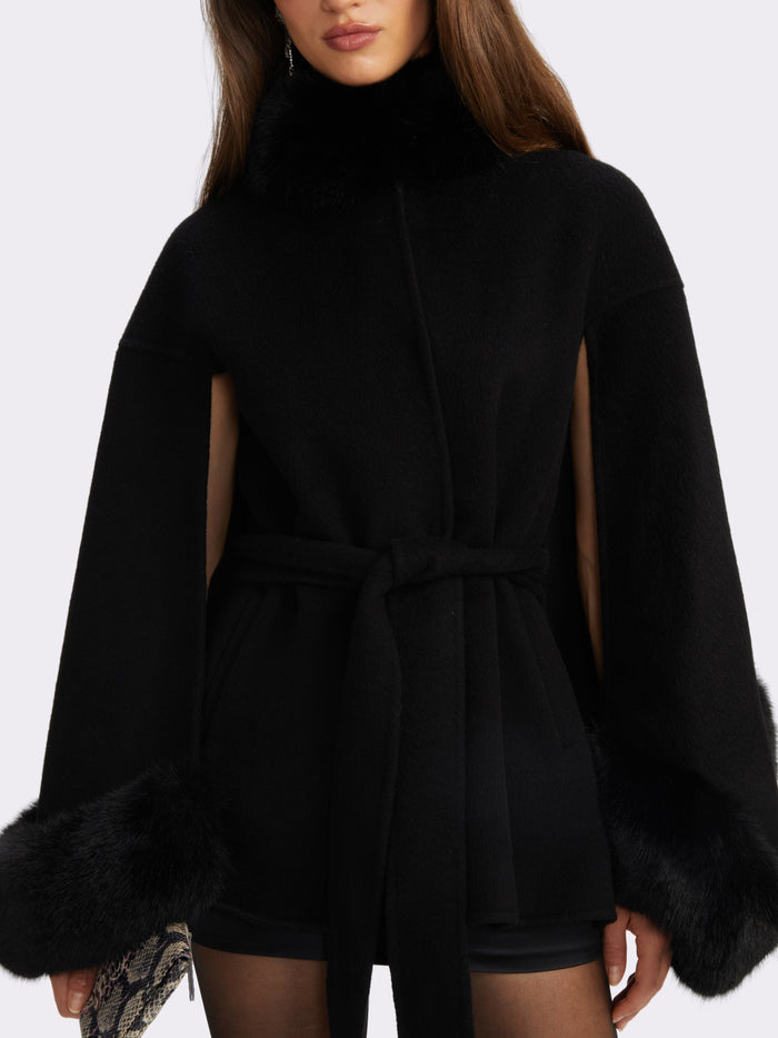 Willa Fur Trim Belted Black Cape Coat, product image 2 of 7