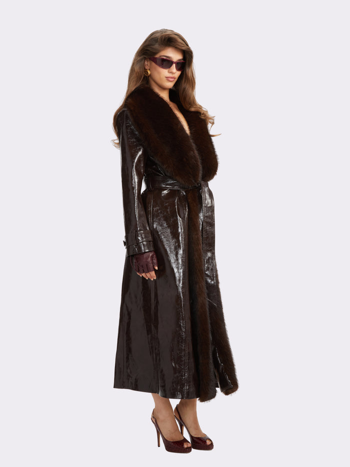 Colette Fur Trim Dark Brown Coat, product image 2 of 12