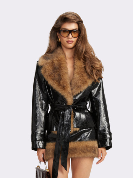 Tess Belted Black Fur Jacket | Nana Jacqueline