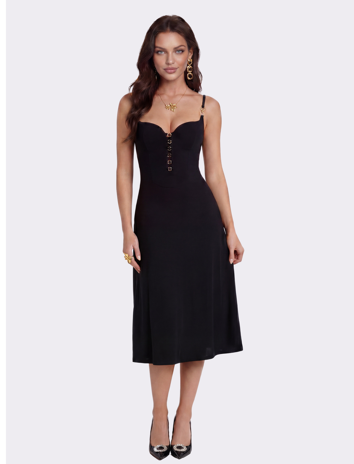 dress with metal ring ASOS DESIGN gold ring trim asymmetric neckline maxi dress with drape waist in black