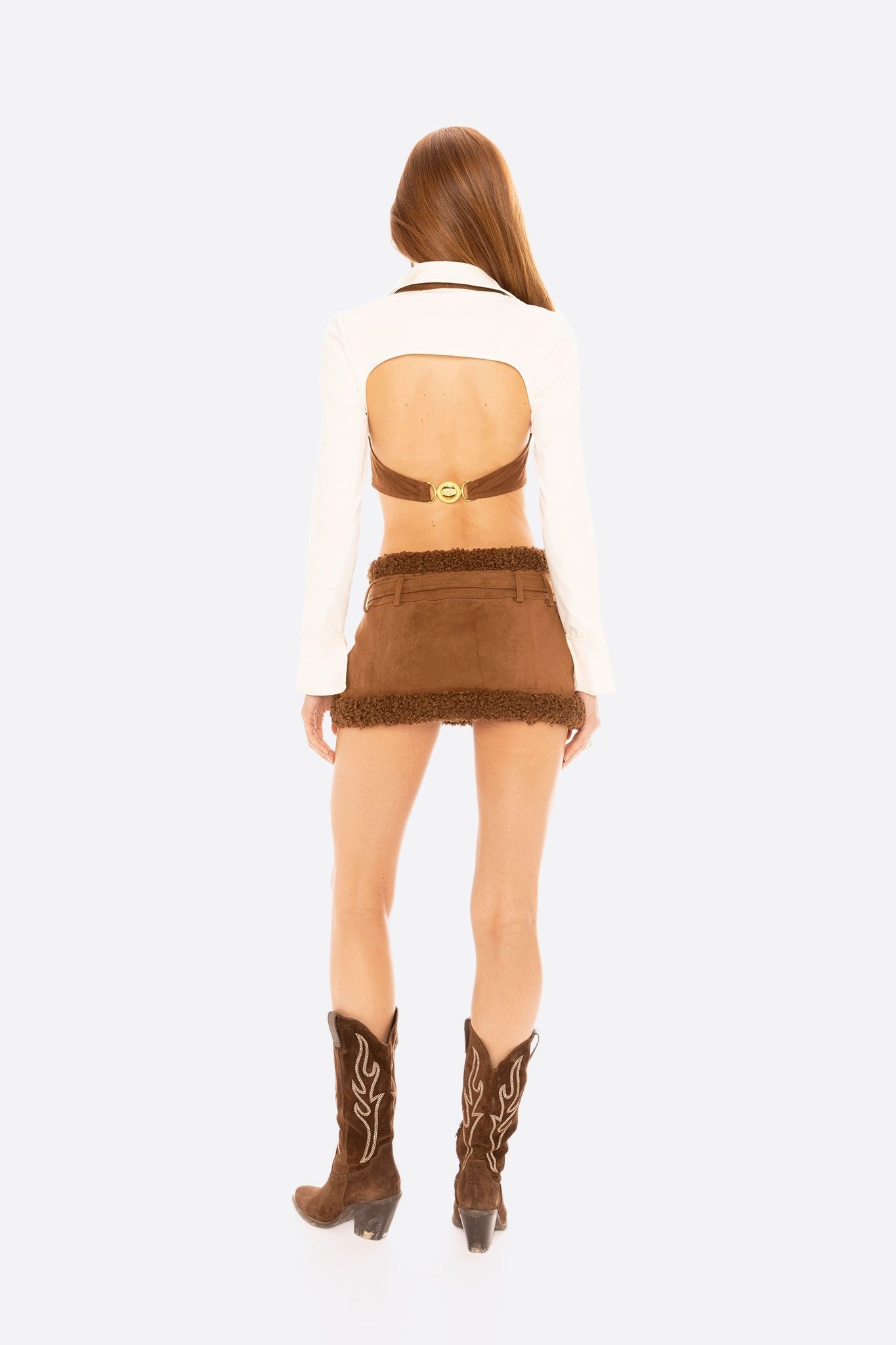 Celine Top (Brown & White) | White Shirt with Brown Suede Vest
