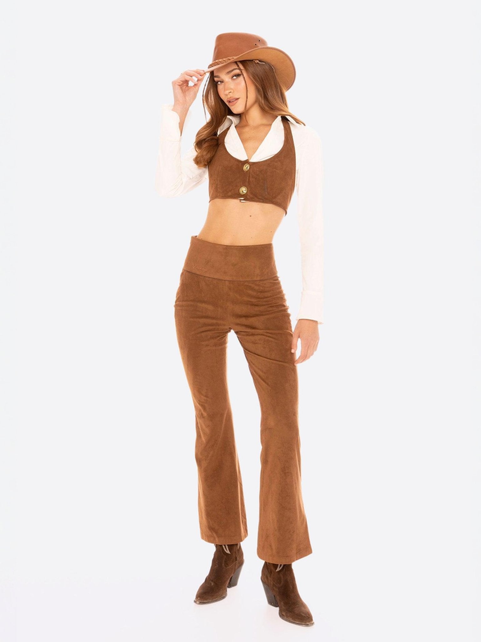 Hailey Flared Pants (Brown) | High-Waist Brown Suede Flared Pants