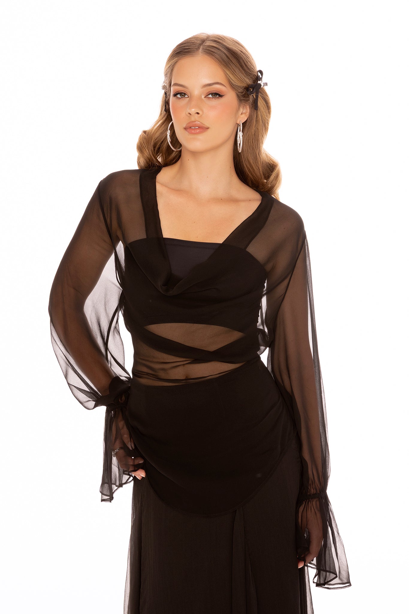 Nora Top (Black) | Sheer Black Georgette Blouse with Waist Tie