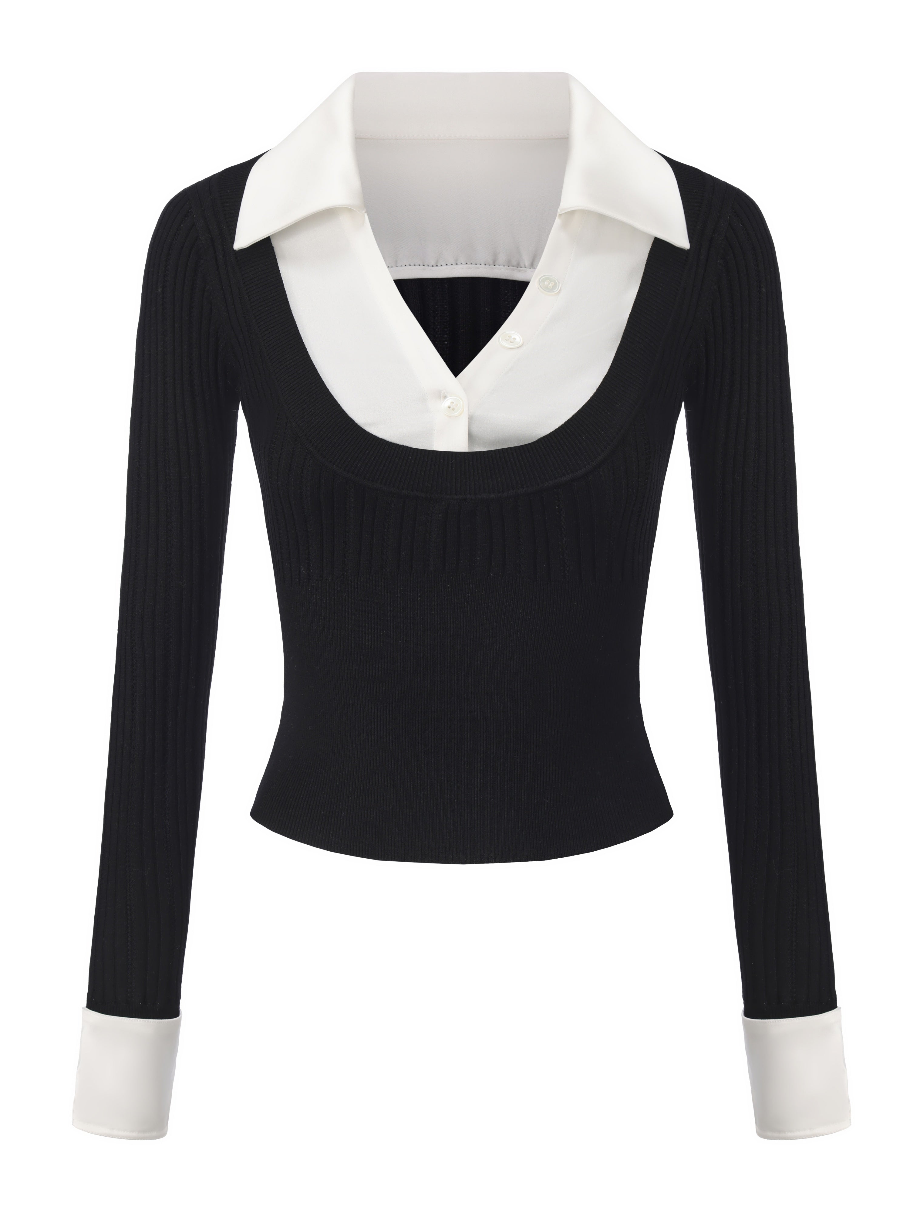 Claudette Contrast Collar Rib Knit Black Top