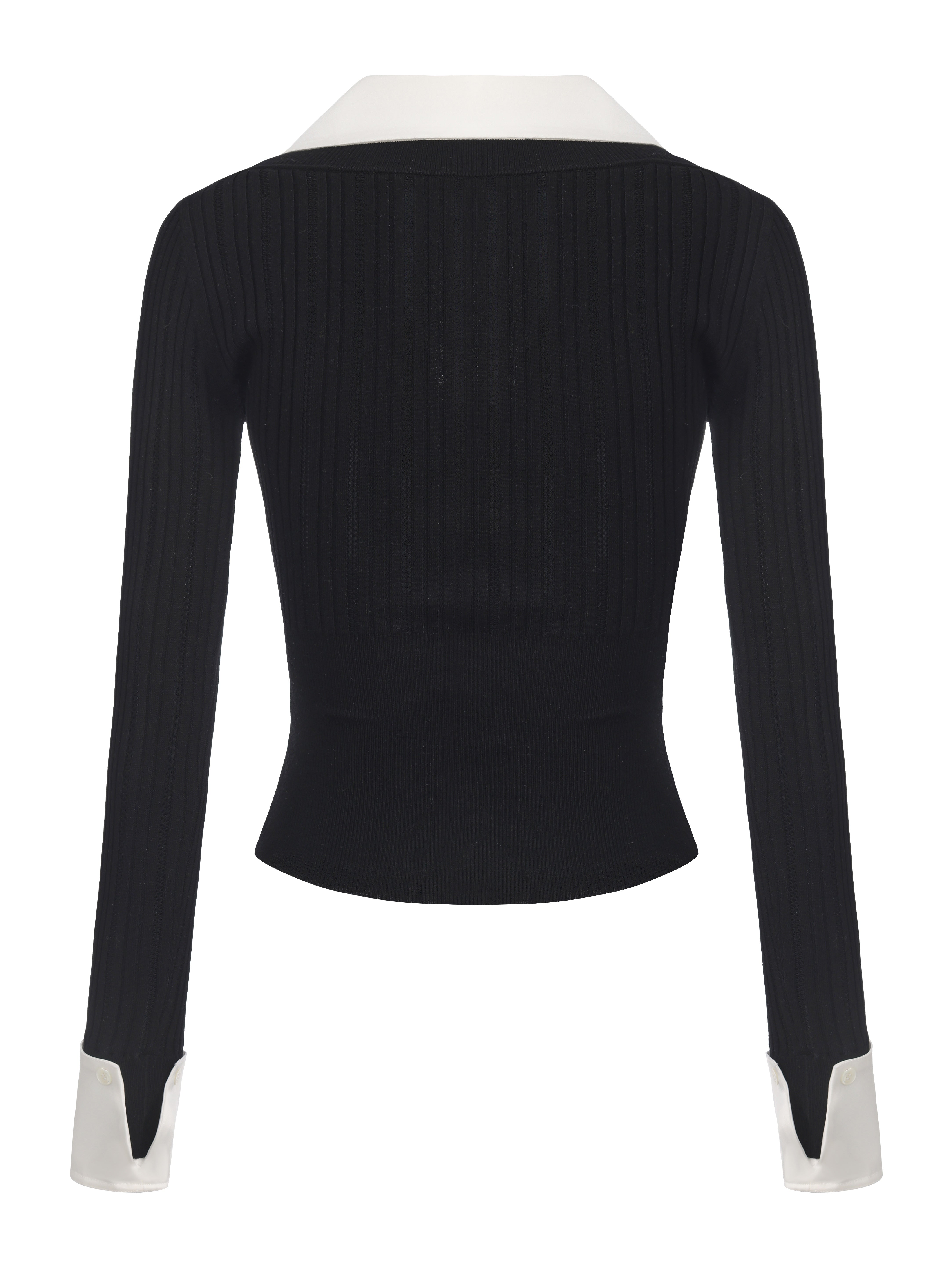 Claudette Contrast Collar Rib Knit Black Top