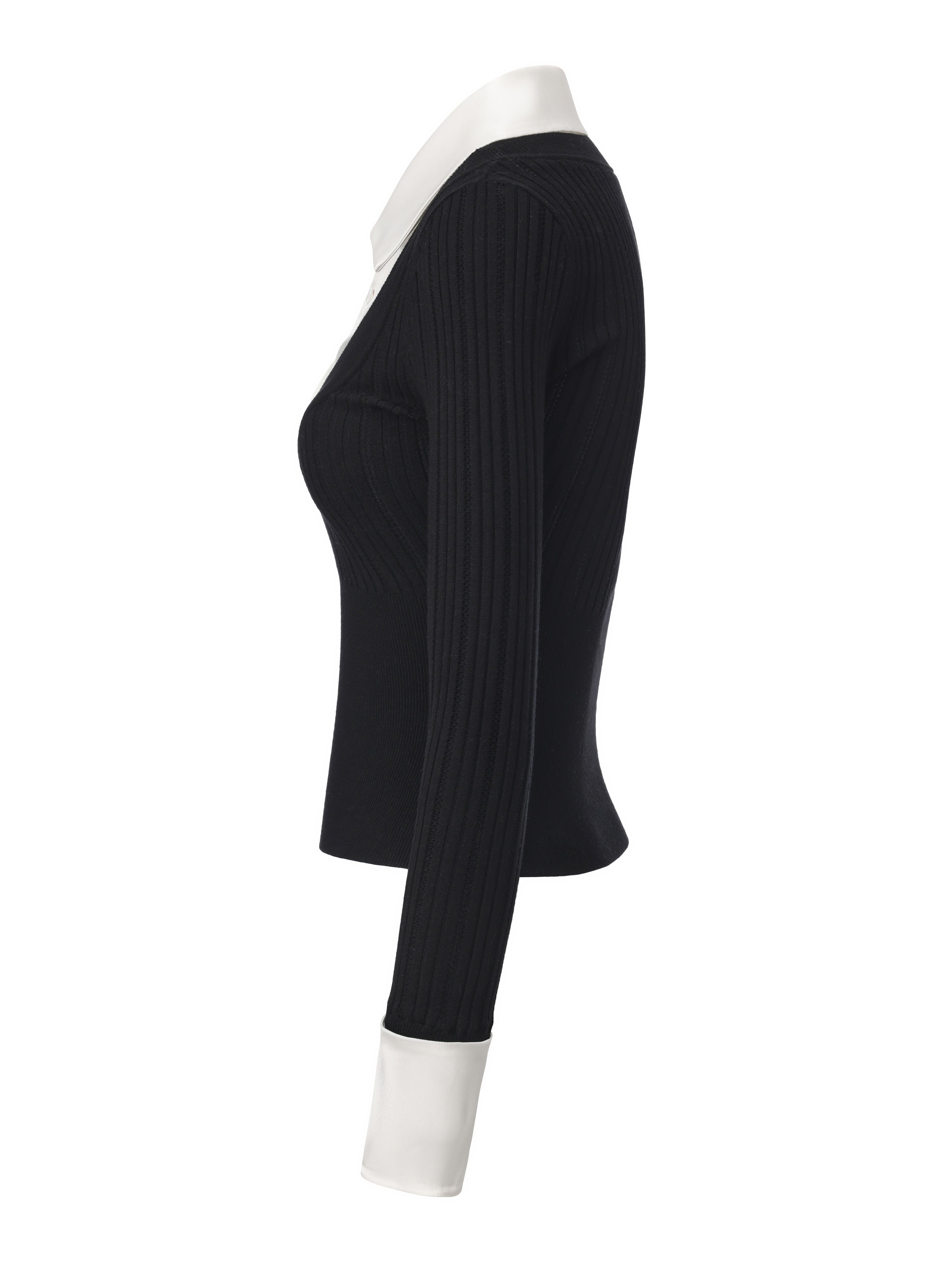 Claudette Contrast Collar Rib Knit Black Top