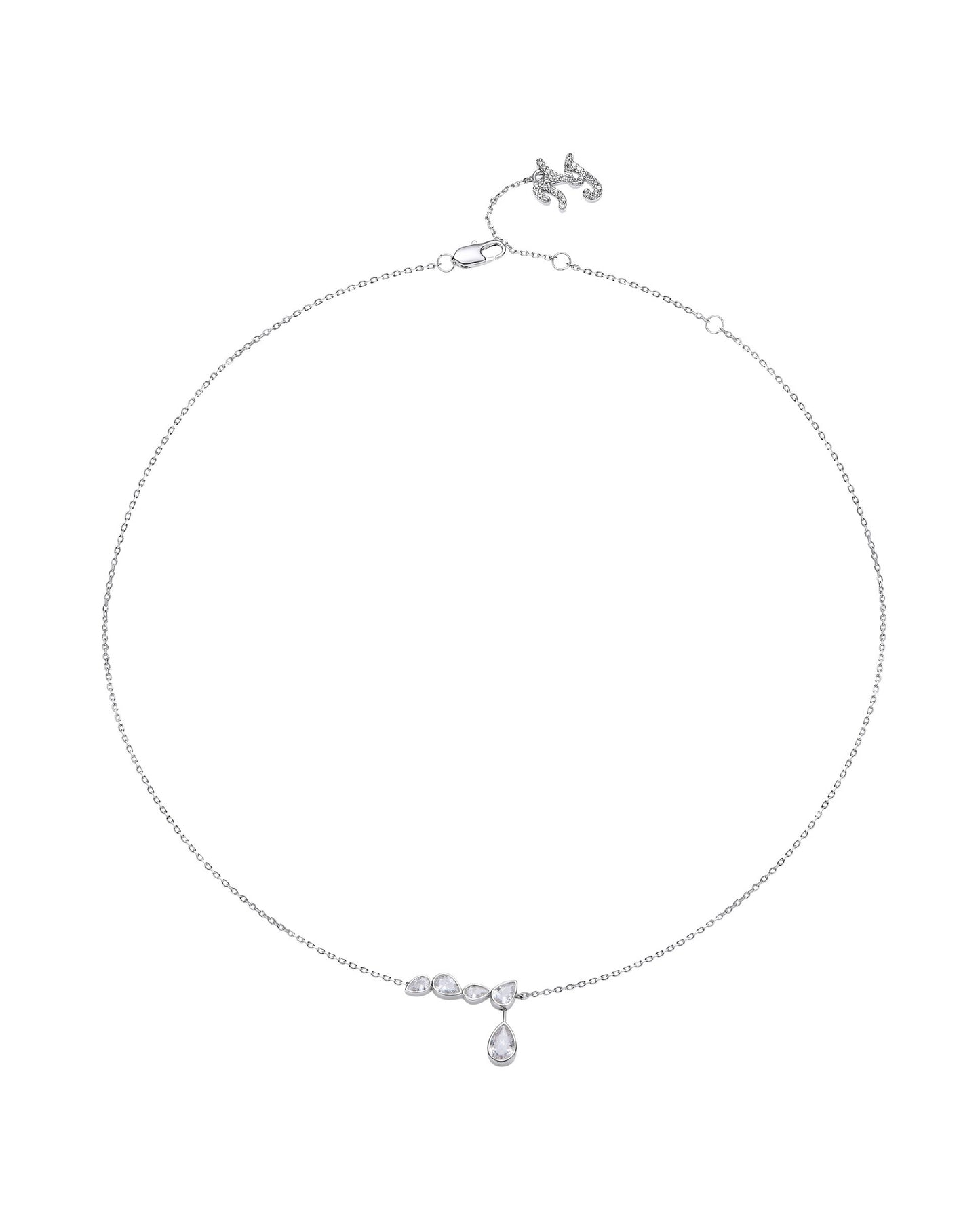 Silver necklace with a teardrop-shaped pendant on a white background