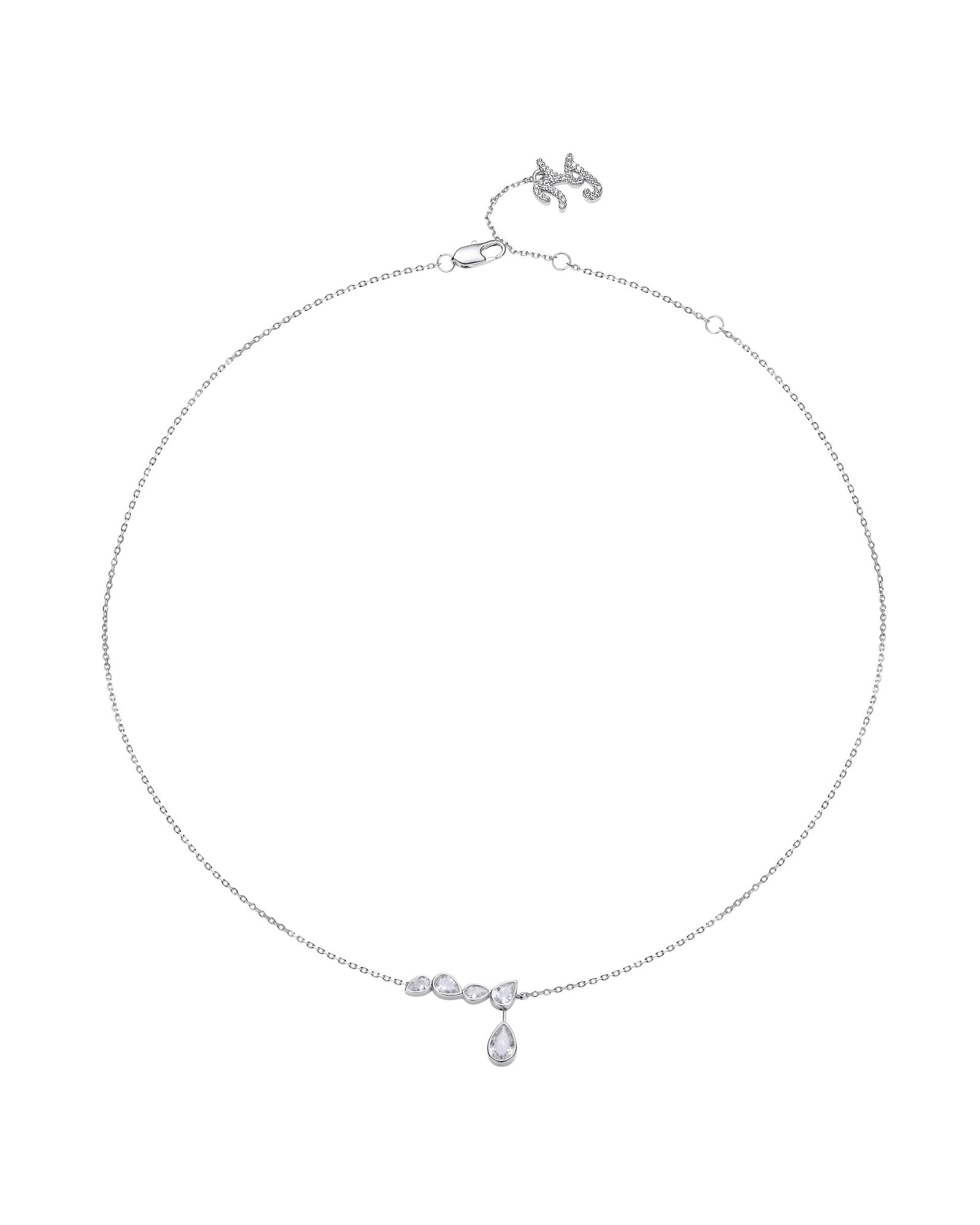 Silver necklace with a teardrop-shaped pendant on a white background