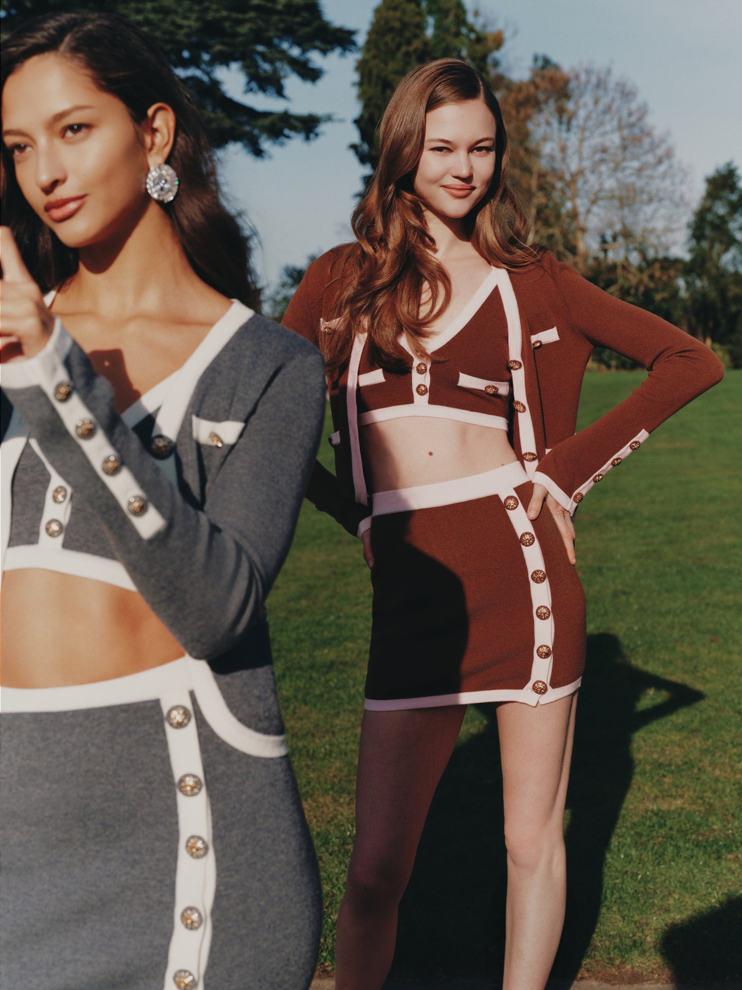 Lisette Contrast-Trim Brown Knit Three-Piece Set