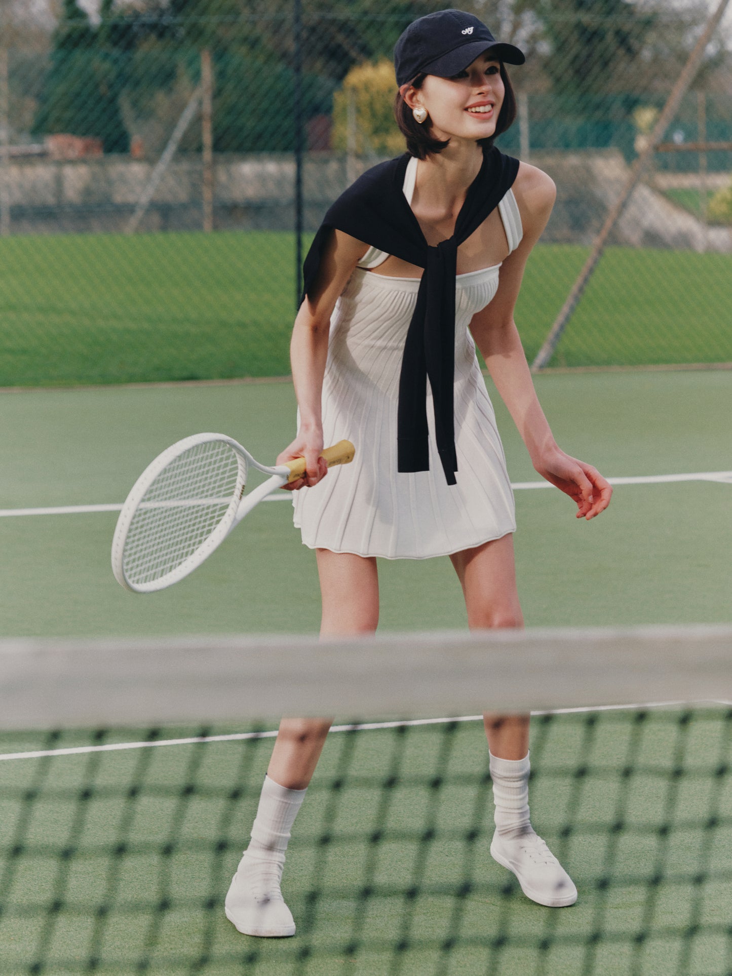 Ava Reverse Halter White Knit Flared Dress