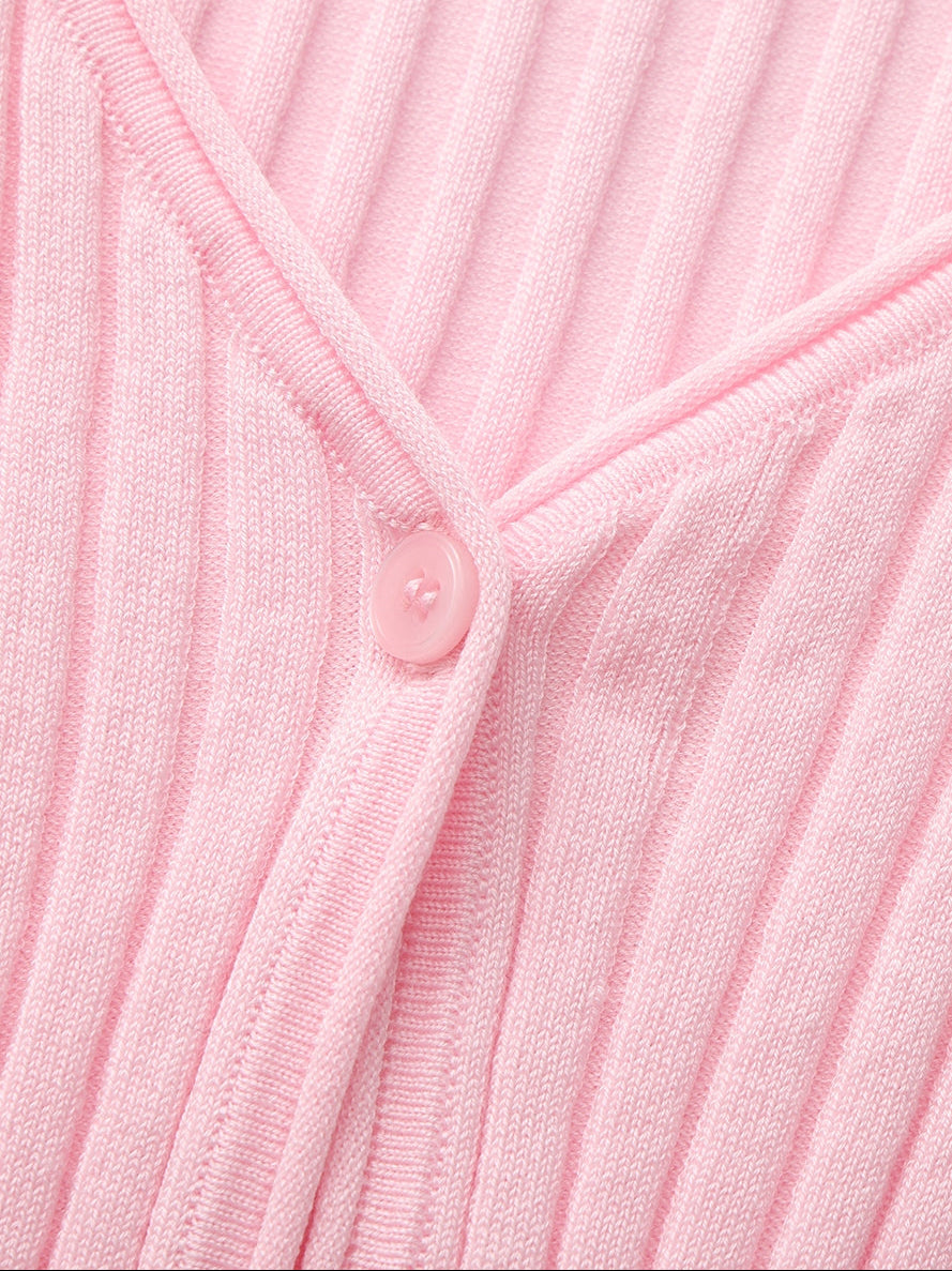 Jane Cropped Ribbed Pink Knit Cardigan