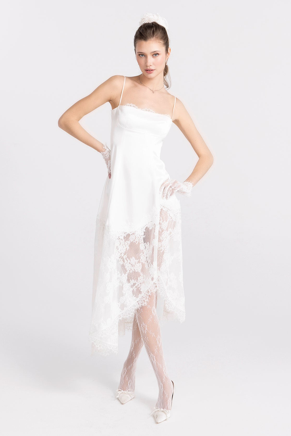Mirabelle white liquid satin maxi dress with lace trim and wave hem β whimsical birthday dress | Nana Jacqueline