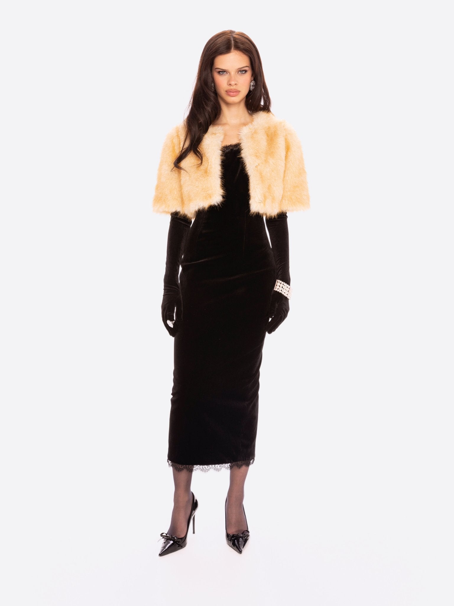 Thalia Cropped Faux Fur Jacket: Yellow Jacket for Cocktail Party