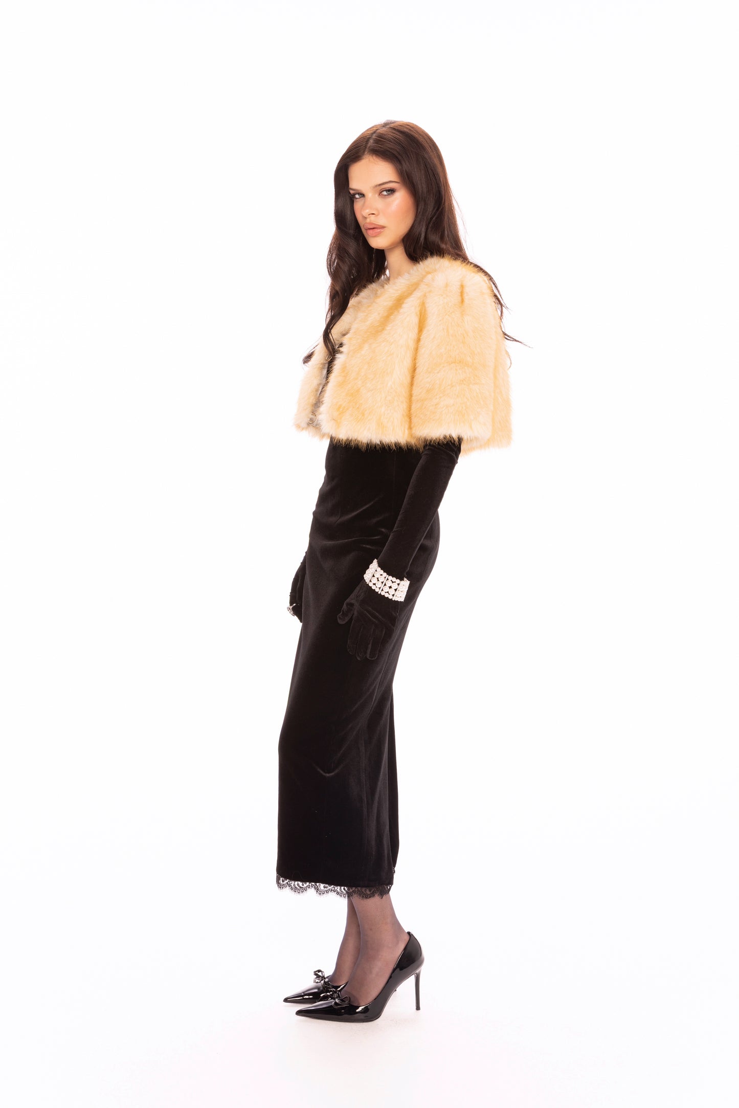 Thalia Cropped Faux Fur Jacket (Yellow)