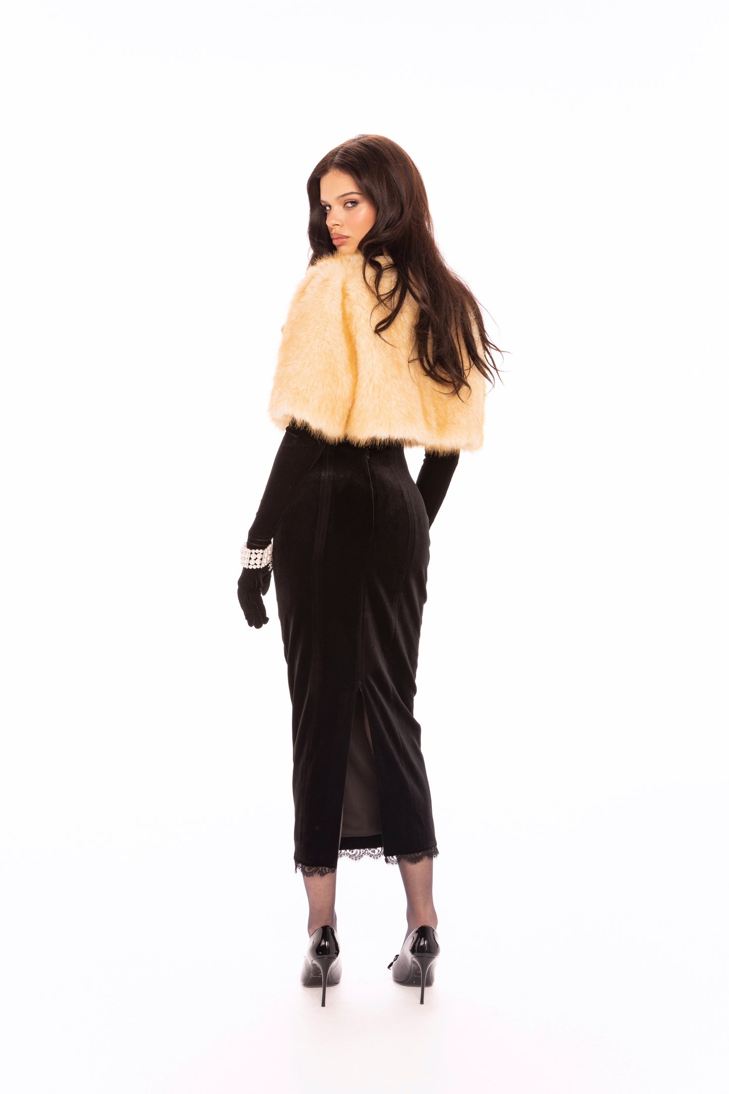 Thalia Cropped Faux Fur Jacket (Yellow)