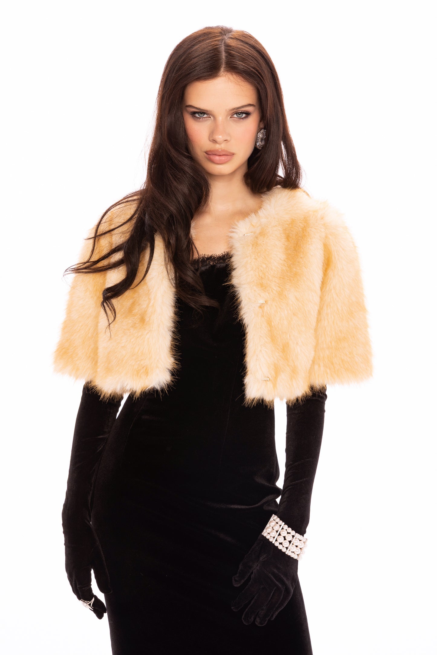 Thalia Cropped Faux Fur Jacket (Yellow)