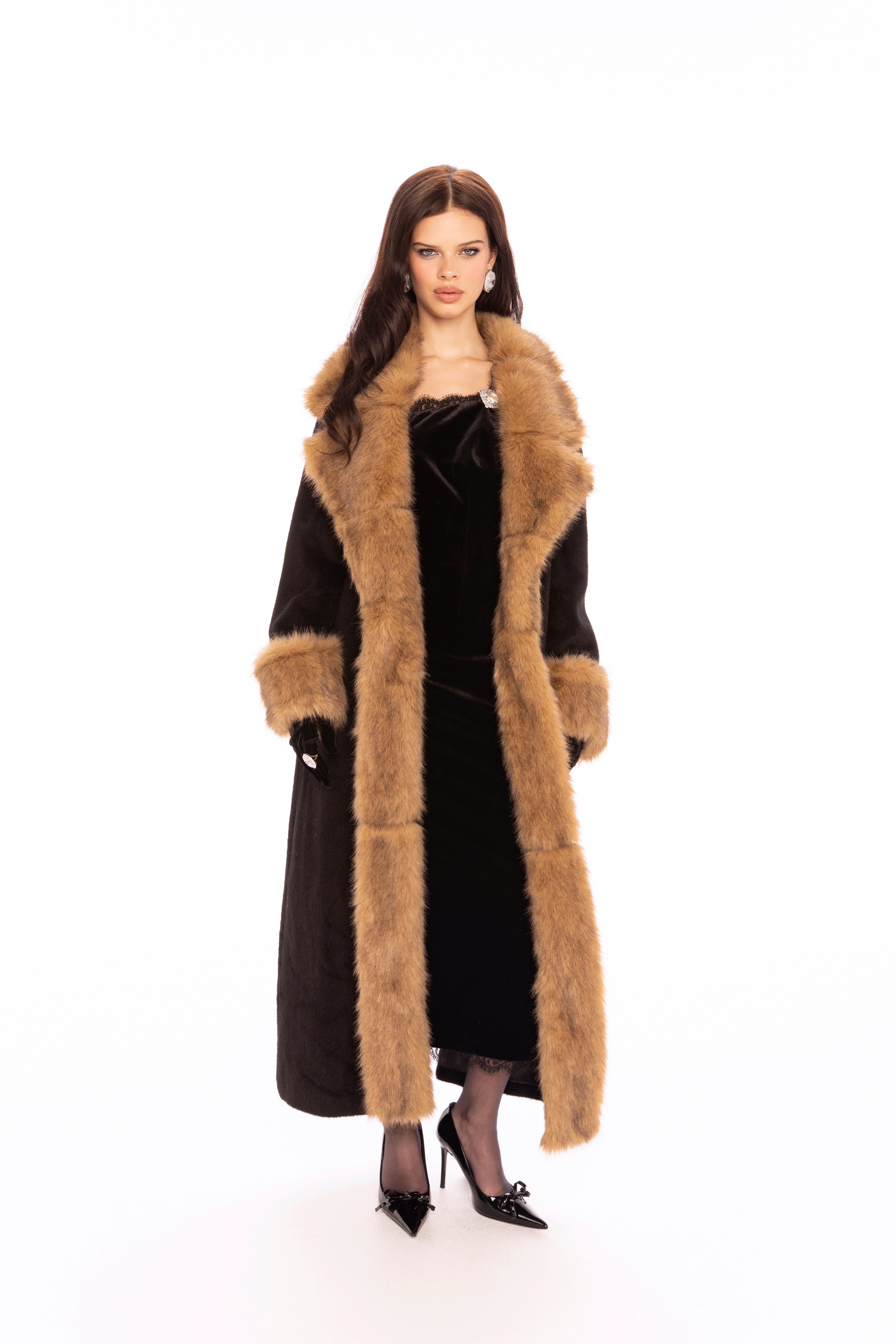 Adriana Faux Fur Coat (Black & Brown) | Long Winter Coat for Women