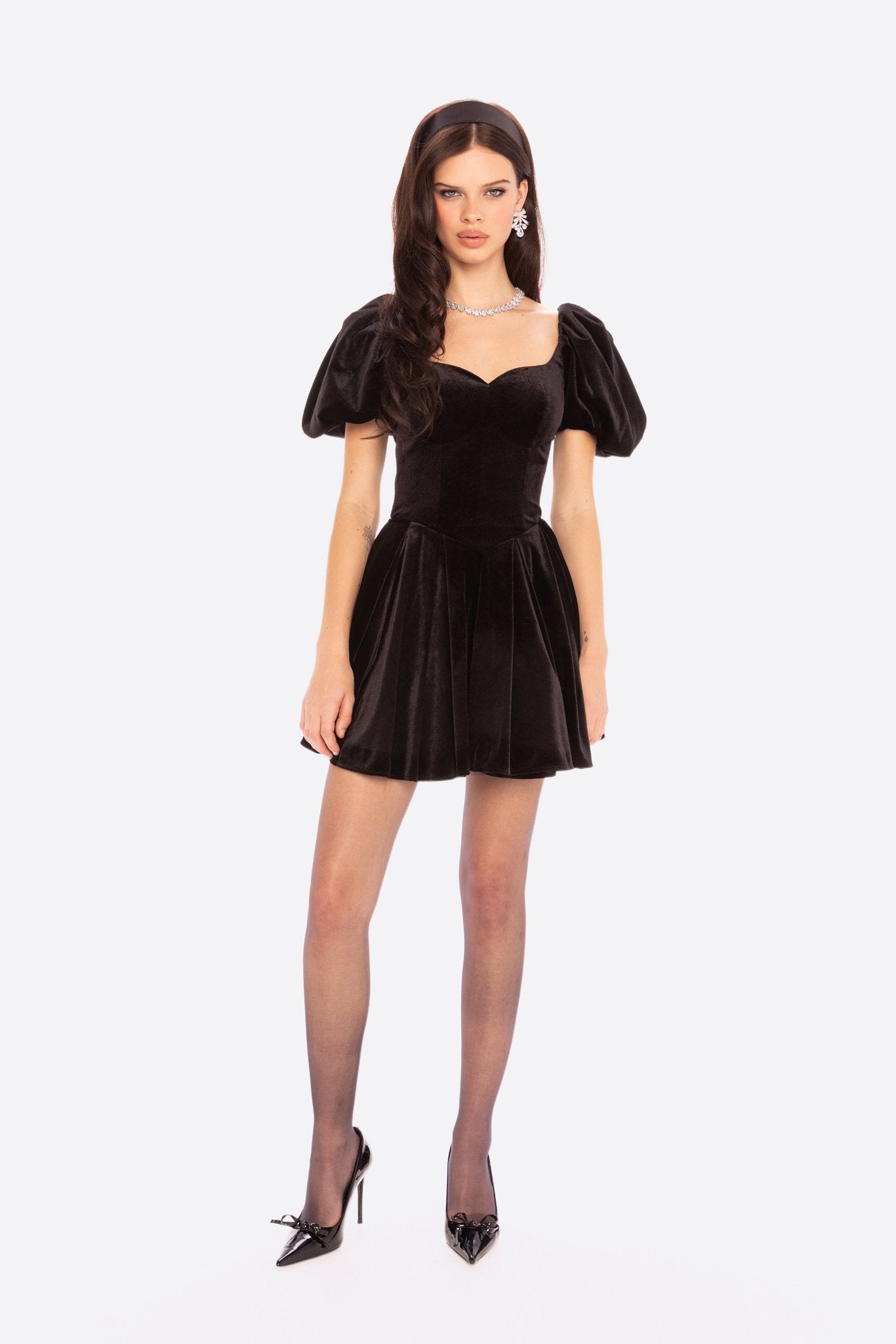 Lillian Velvet Mini Dress | Black Puff Sleeve Velvet Dress – Nana