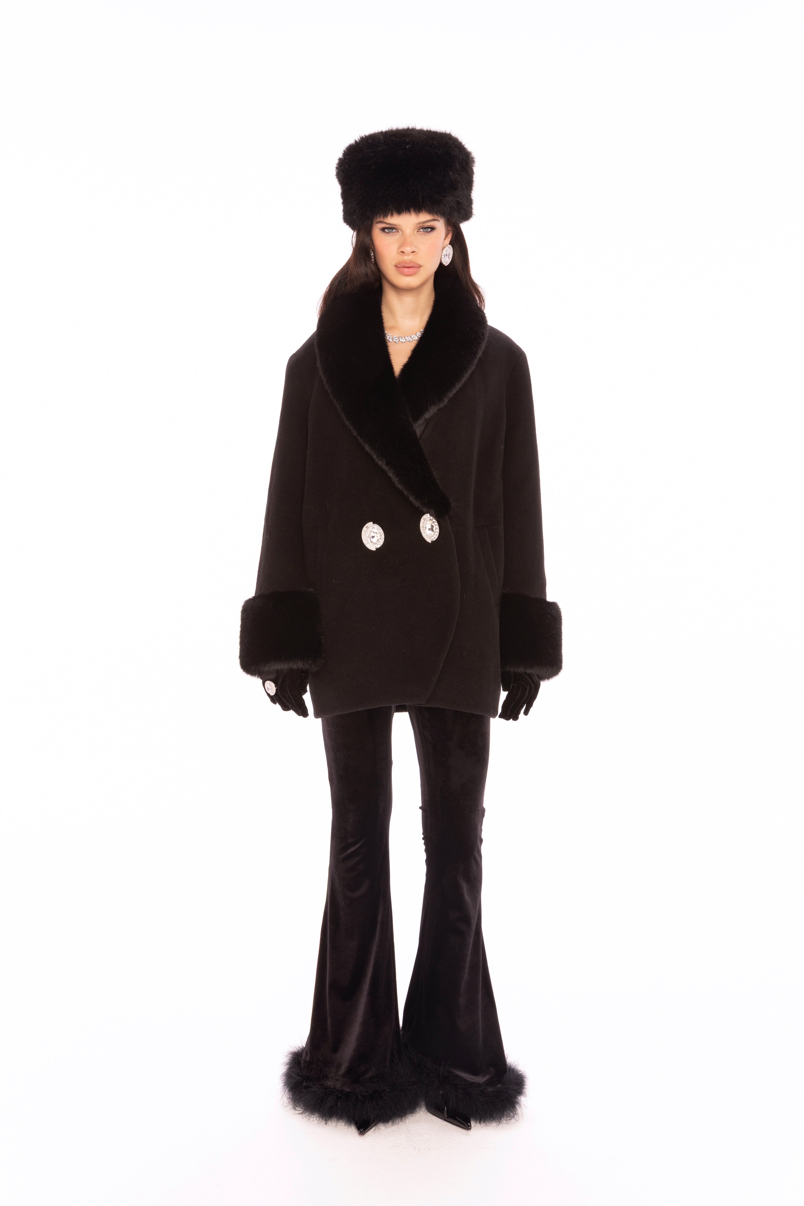 Althea Faux Fur Collar Cocoon Coat (Black) | Designer Women's Fur