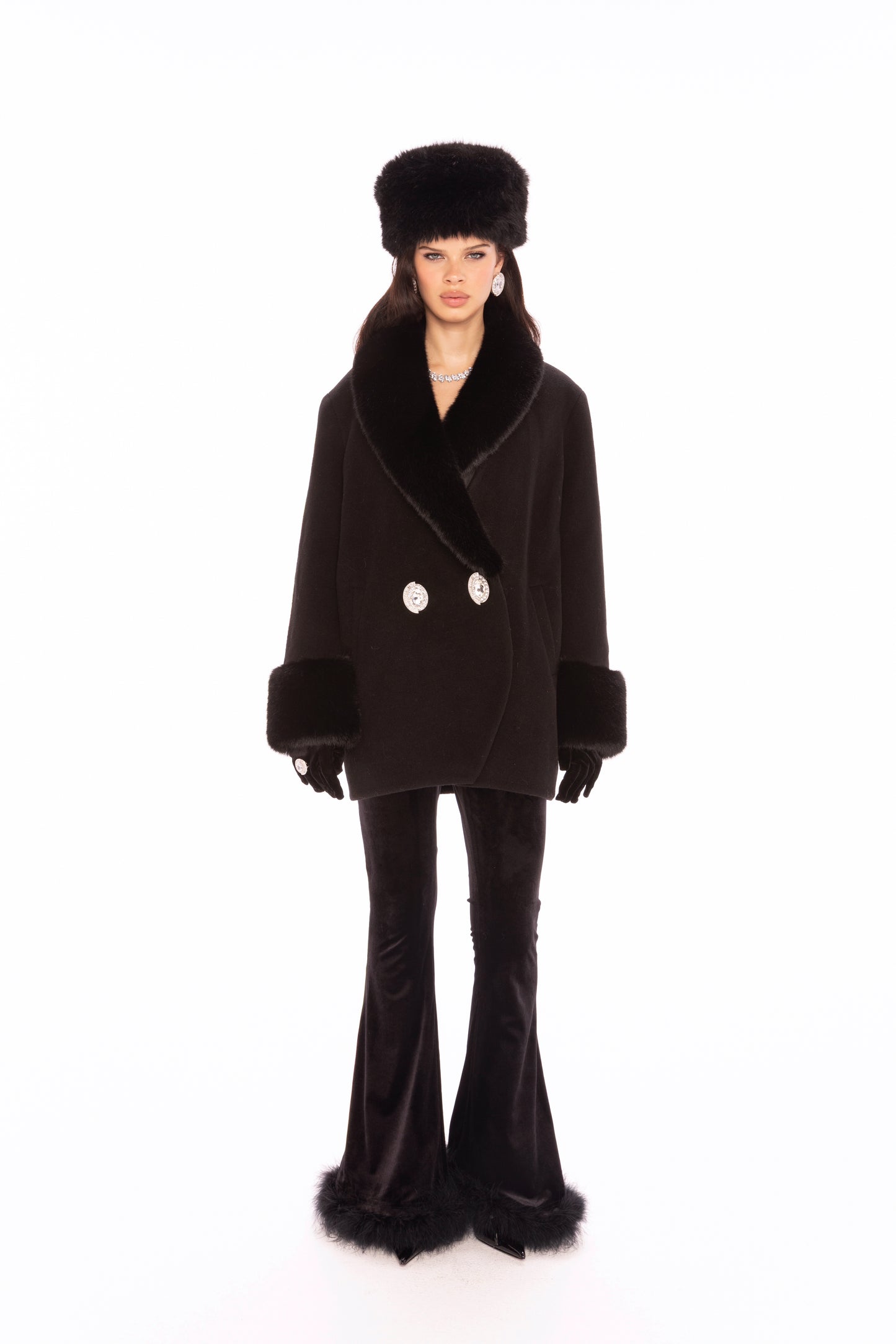 Althea Faux Fur Collar Cocoon Coat (Black)