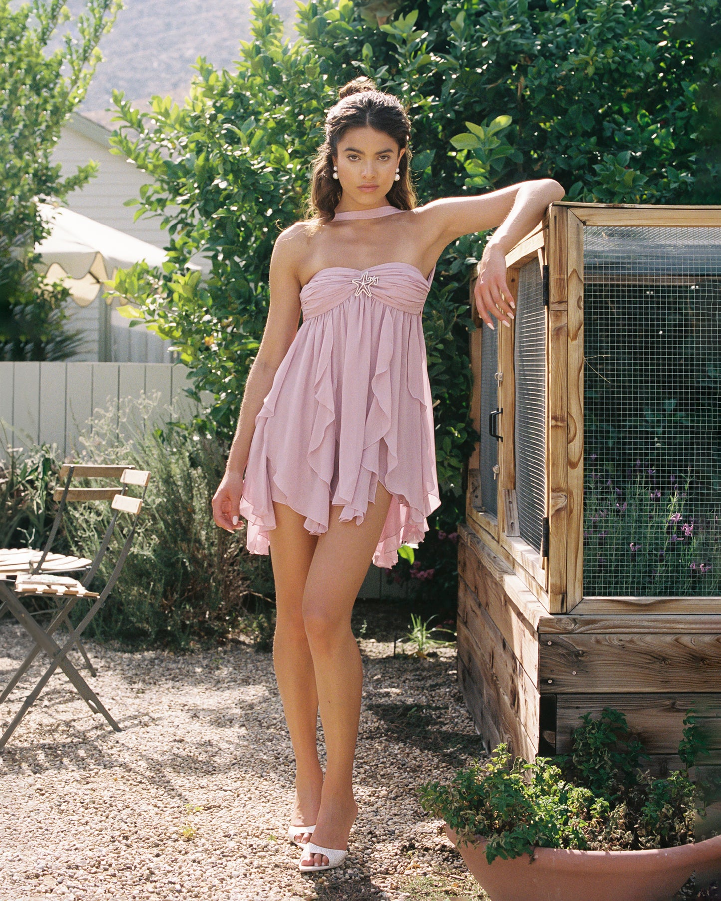 Arabella purple inverted halter chiffon mini dress with starfish brooch — Libra birthday dress | Nana Jacqueline