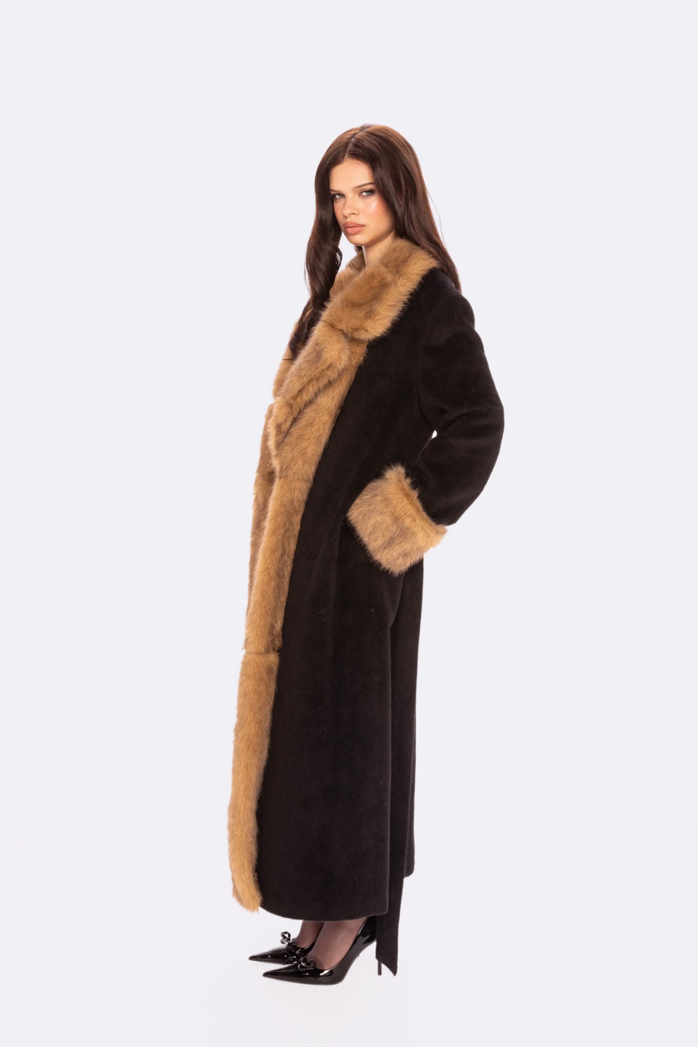 Adriana Faux Fur Coat (Black & Brown)