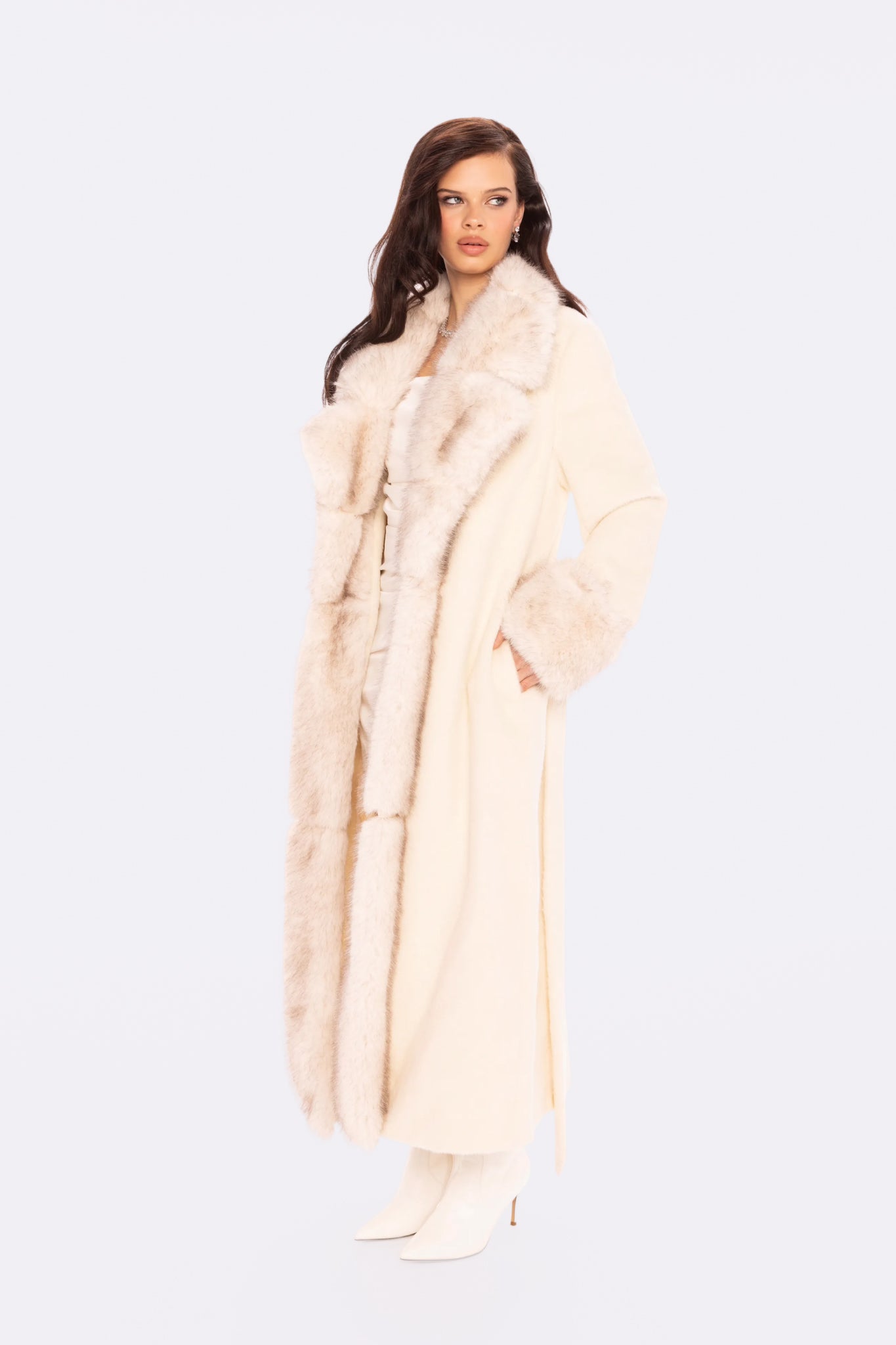 Adriana Faux Fur Coat (Off-white) | Long Winter Coat for Women
