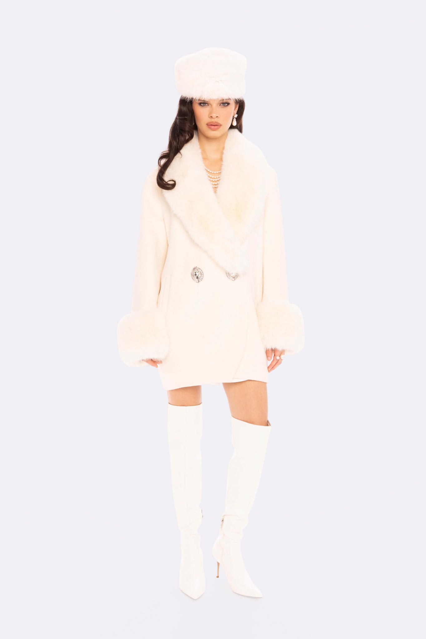 Althea Faux Fur Collar Cocoon Coat (White) | Designer Women's Fur
