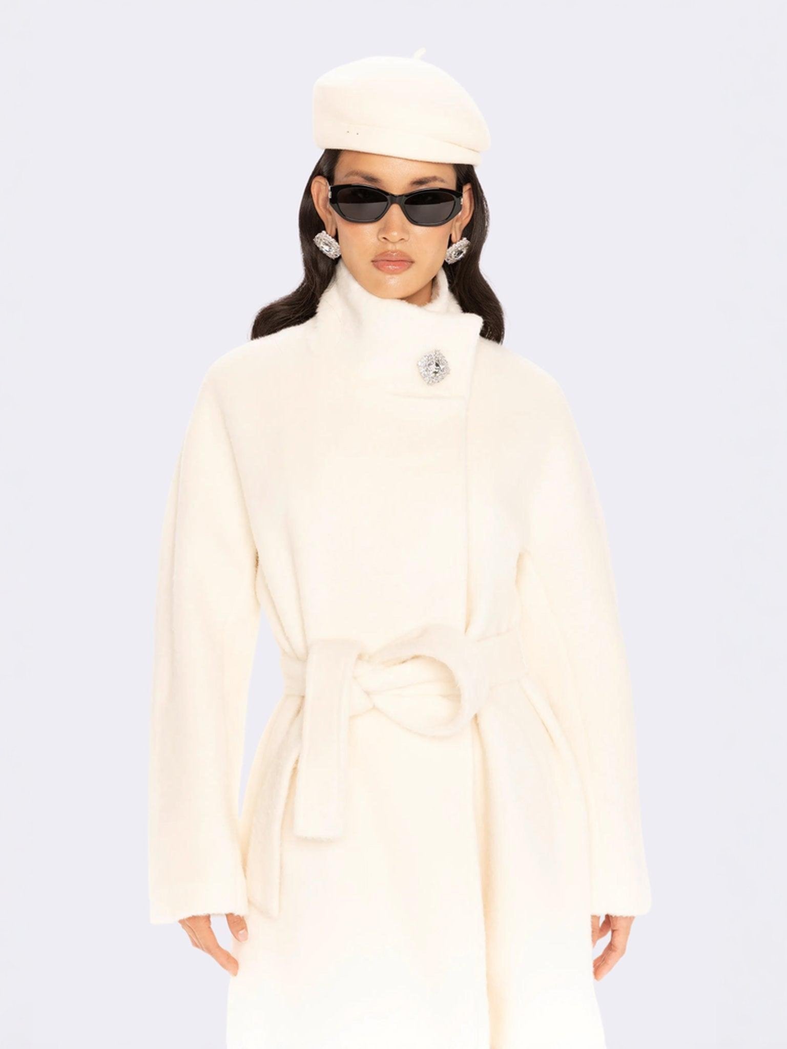 Audrey Long Coat: Off White Coat for Winter Wedding Guest | Nana