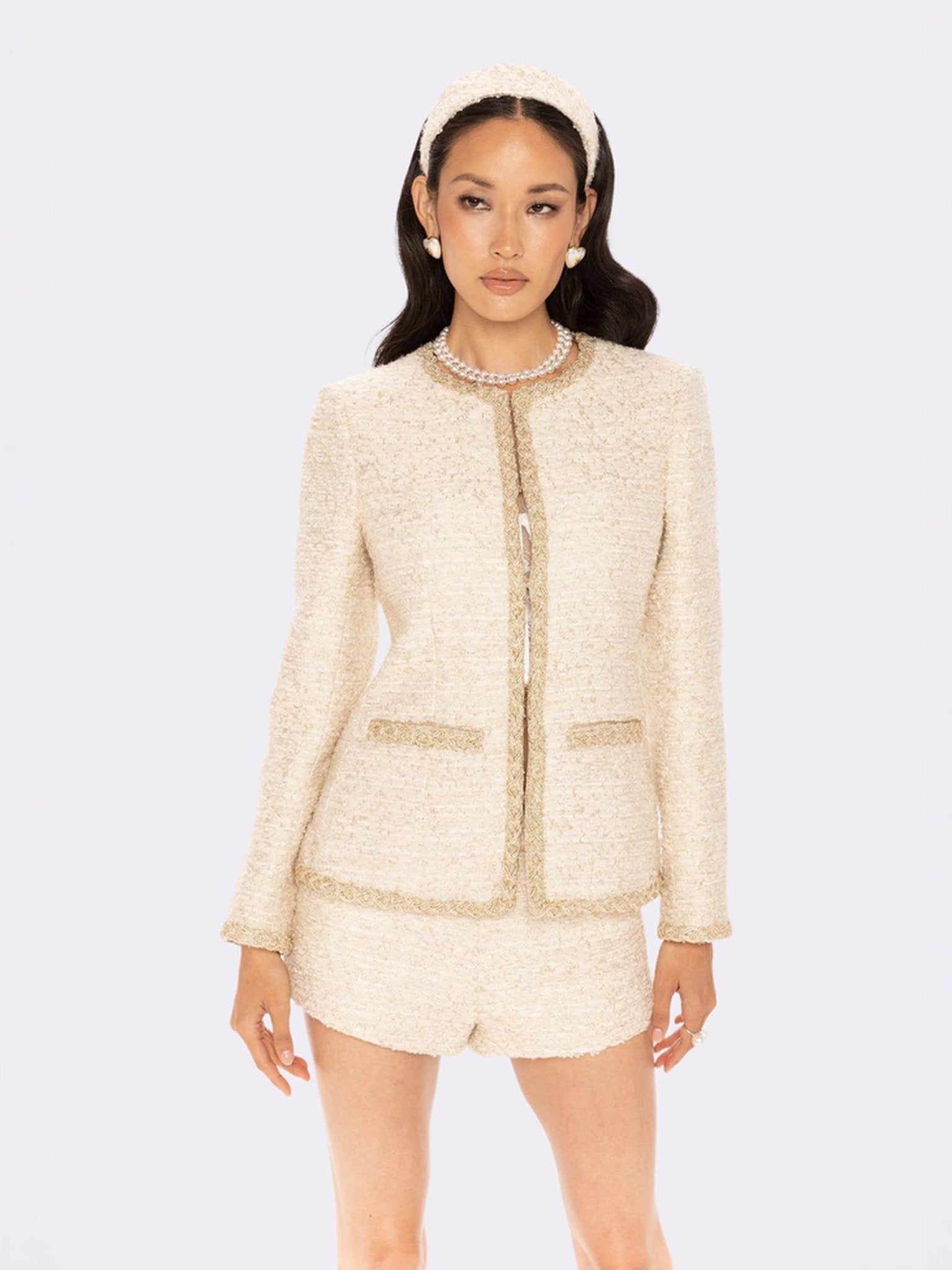 Evelyn Tweed Jacket | White Tweed Glitter Ribbon Jacket – Nana