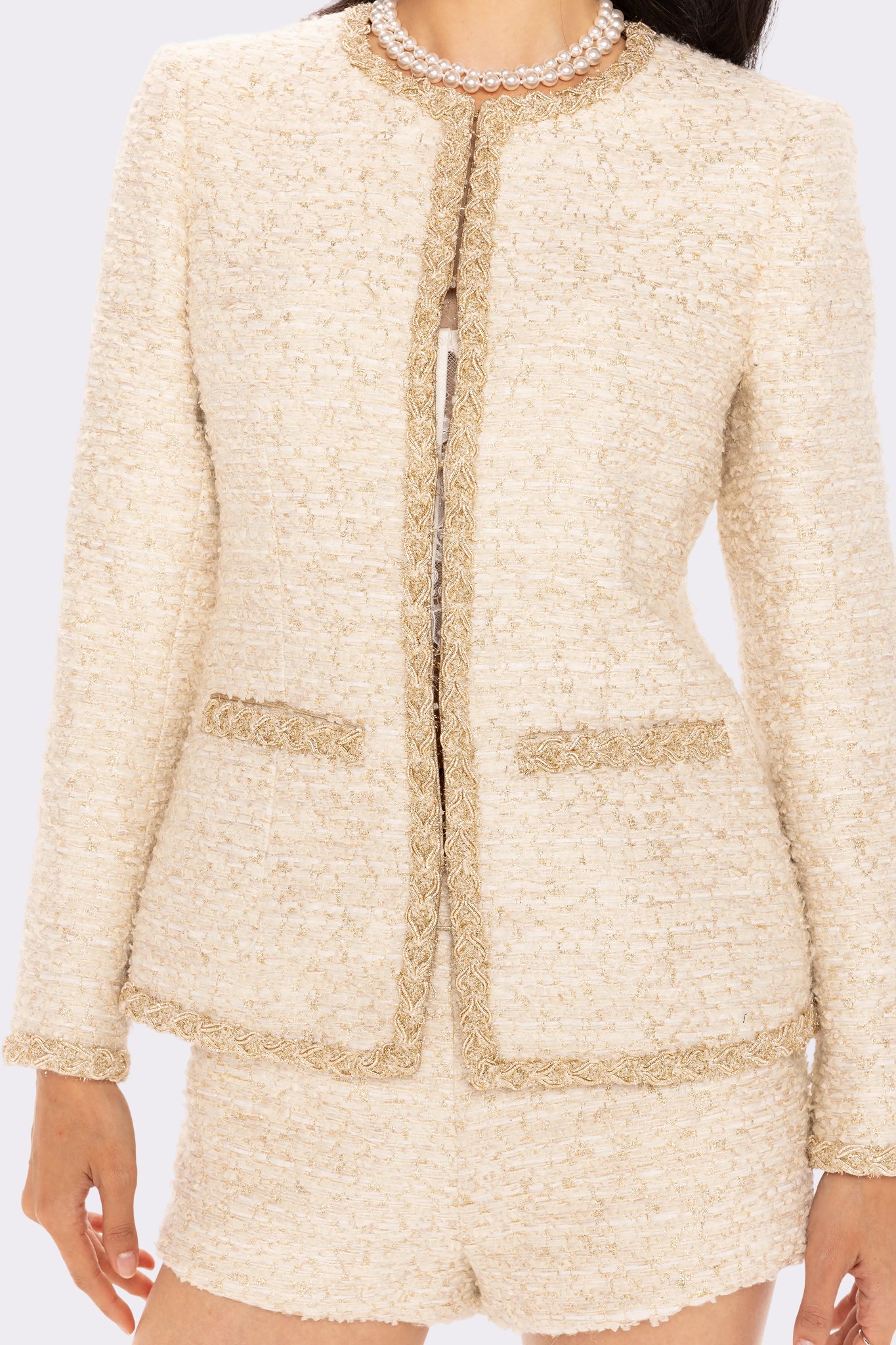 Evelyn Tweed Jacket | White Tweed Glitter Ribbon Jacket – Nana