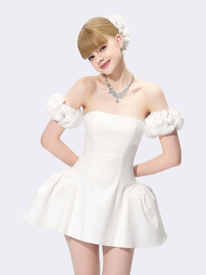 Flora White 3D Floral Puff Sleeve Mini Birthday Dress | Nana Jacqueline