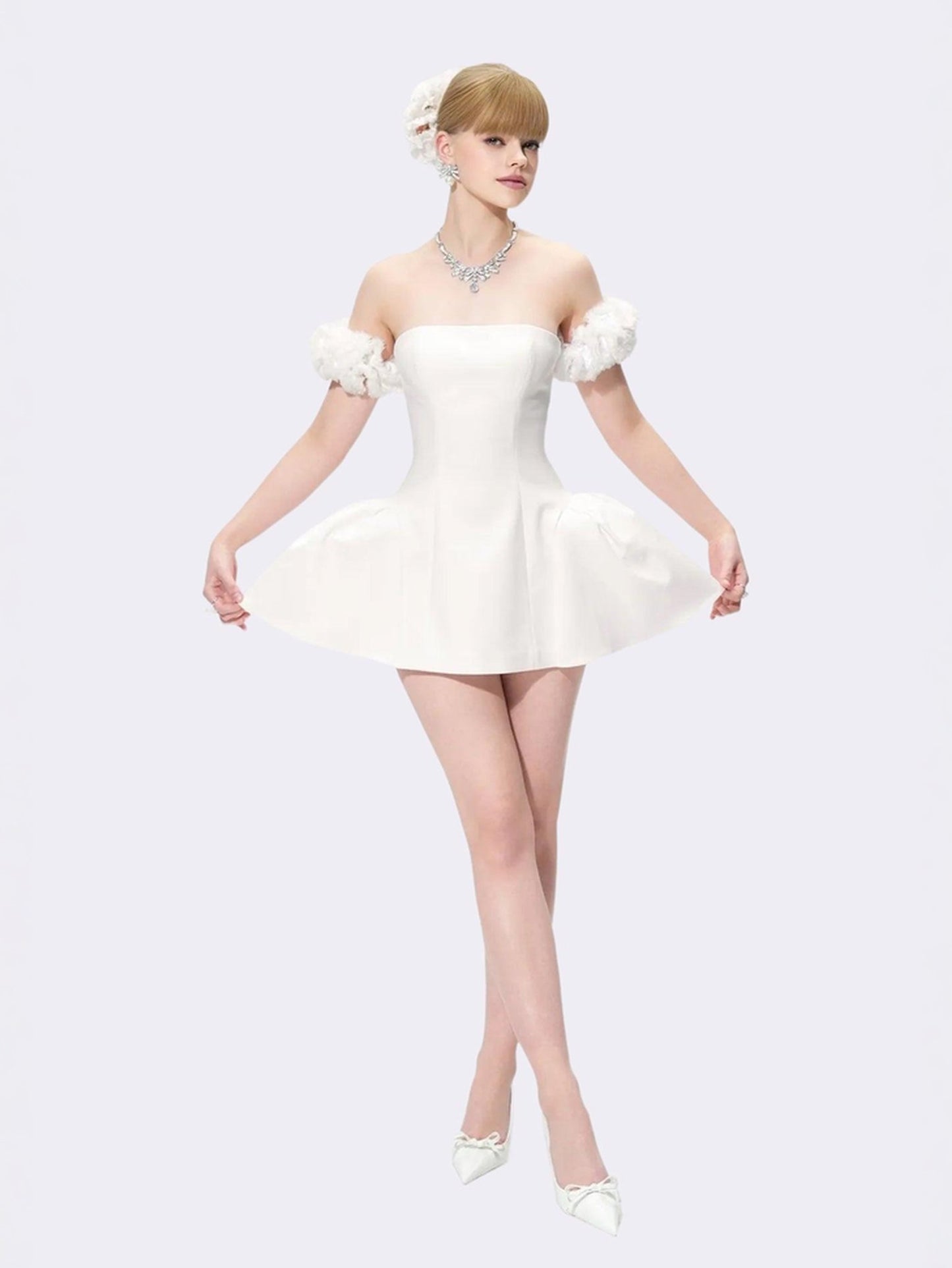 Flora white off-shoulder structured mini dress with 3D floral puff sleeves — Virgo birthday dress | Nana Jacqueline