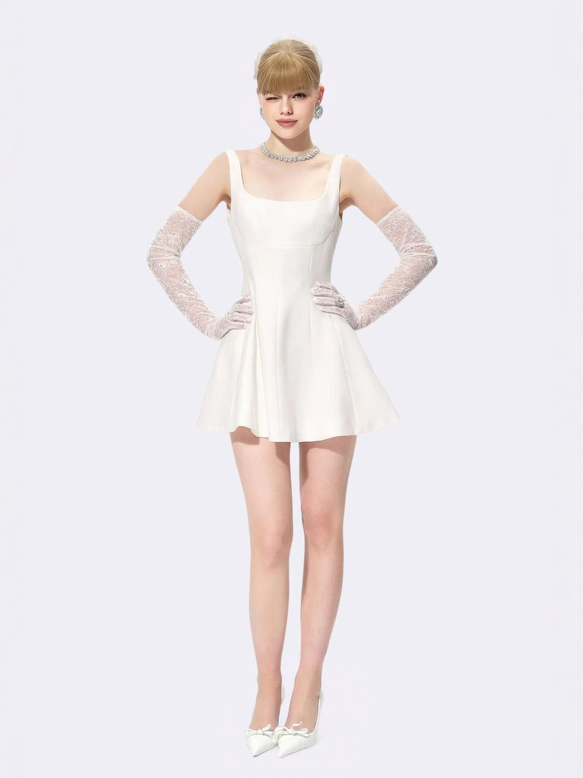 Marianne white liquid satin square neck A-line mini dress with wide straps β ladylike birthday look | Nana Jacqueline