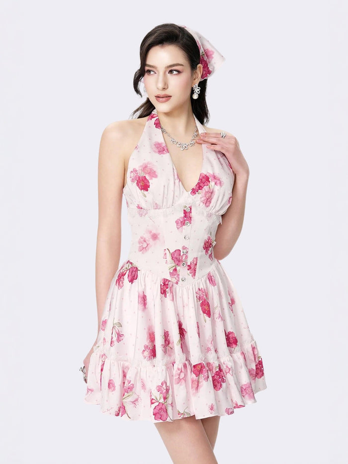 Rosaline blush pink floral V-halter mini dress with crystal buckle β garden engagement party | Nana Jacqueline