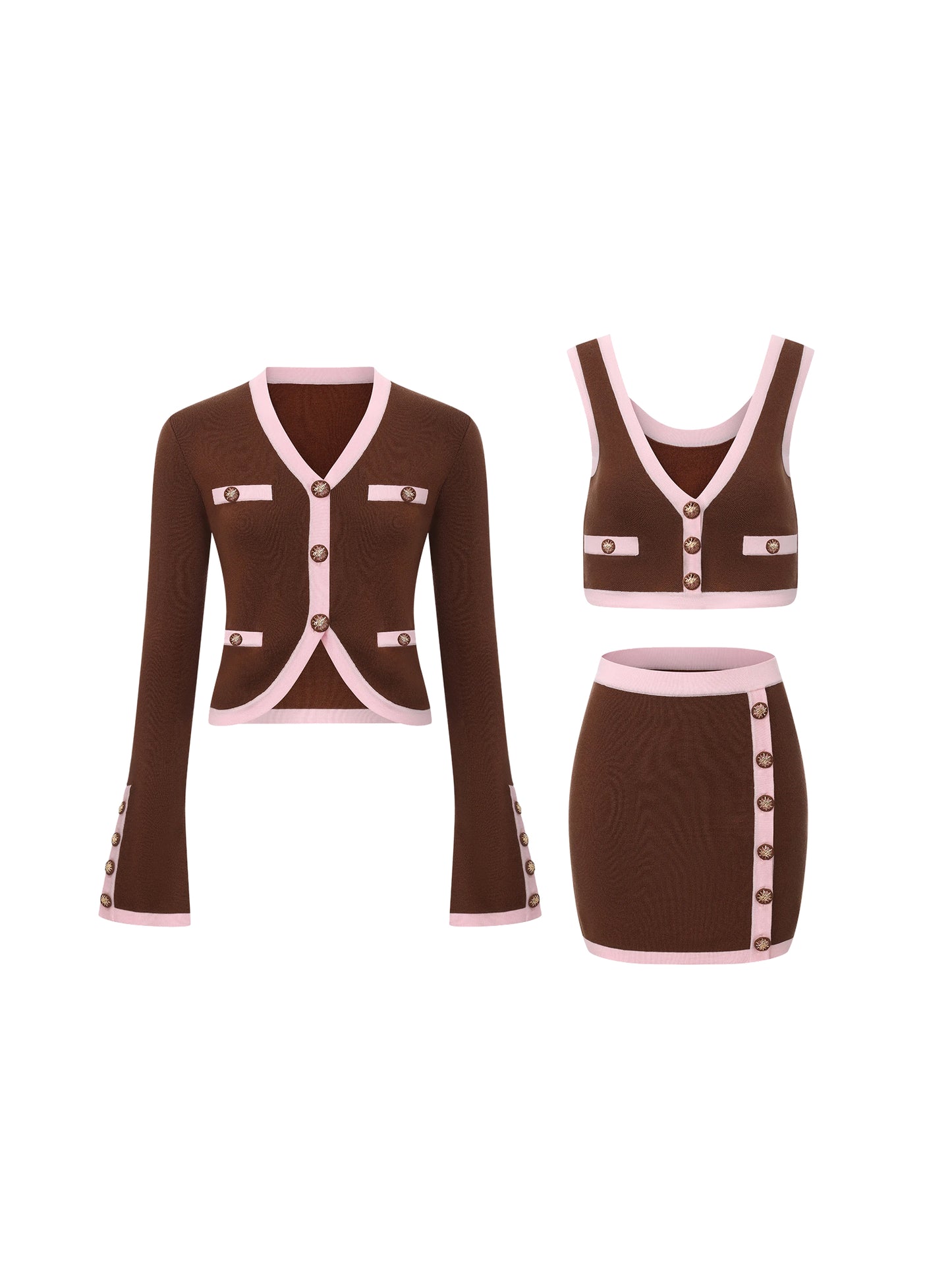 Lisette Contrast-Trim Brown Knit Three-Piece Set