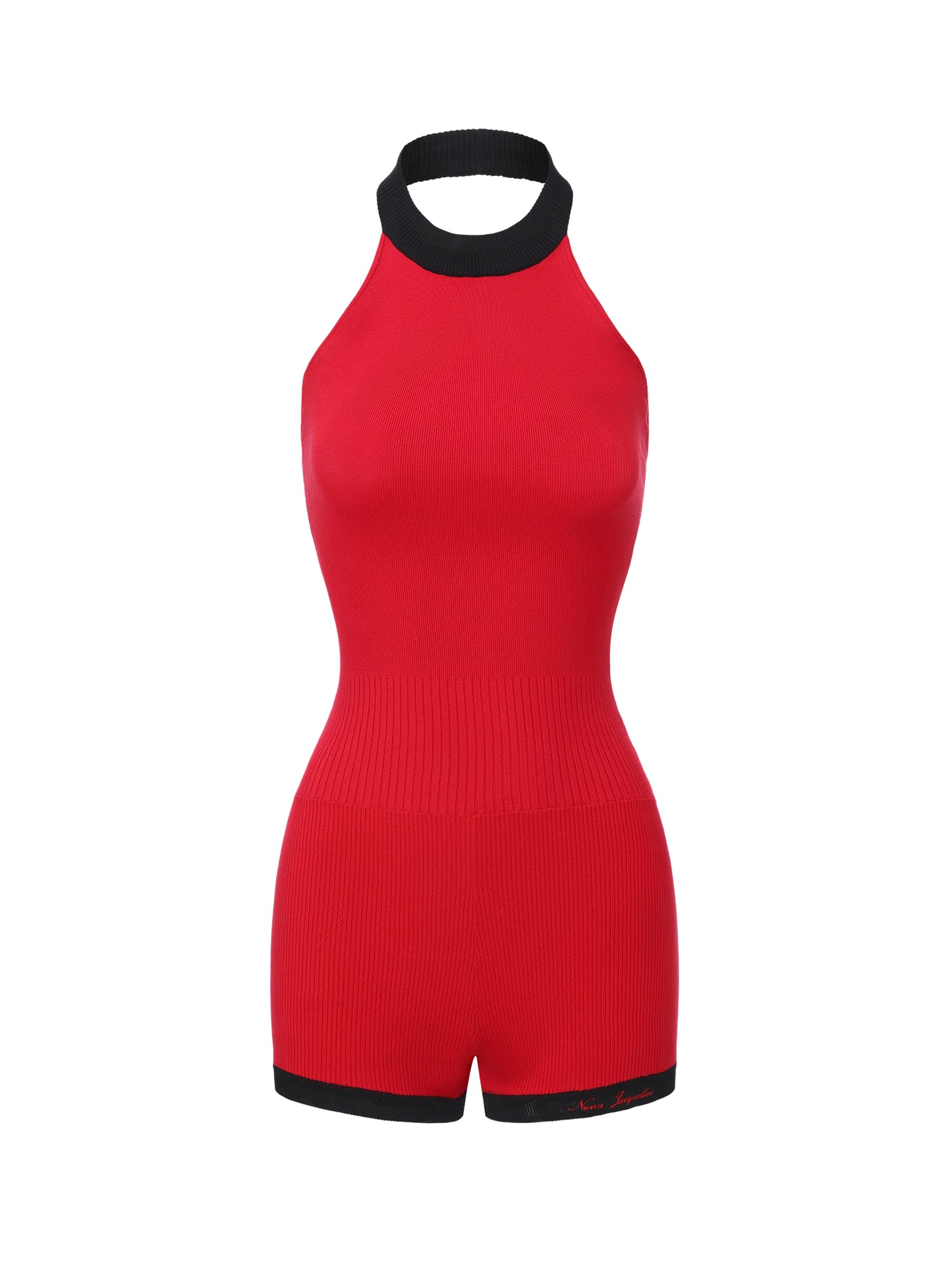 Ava Contrast Halter Knit Red Romper