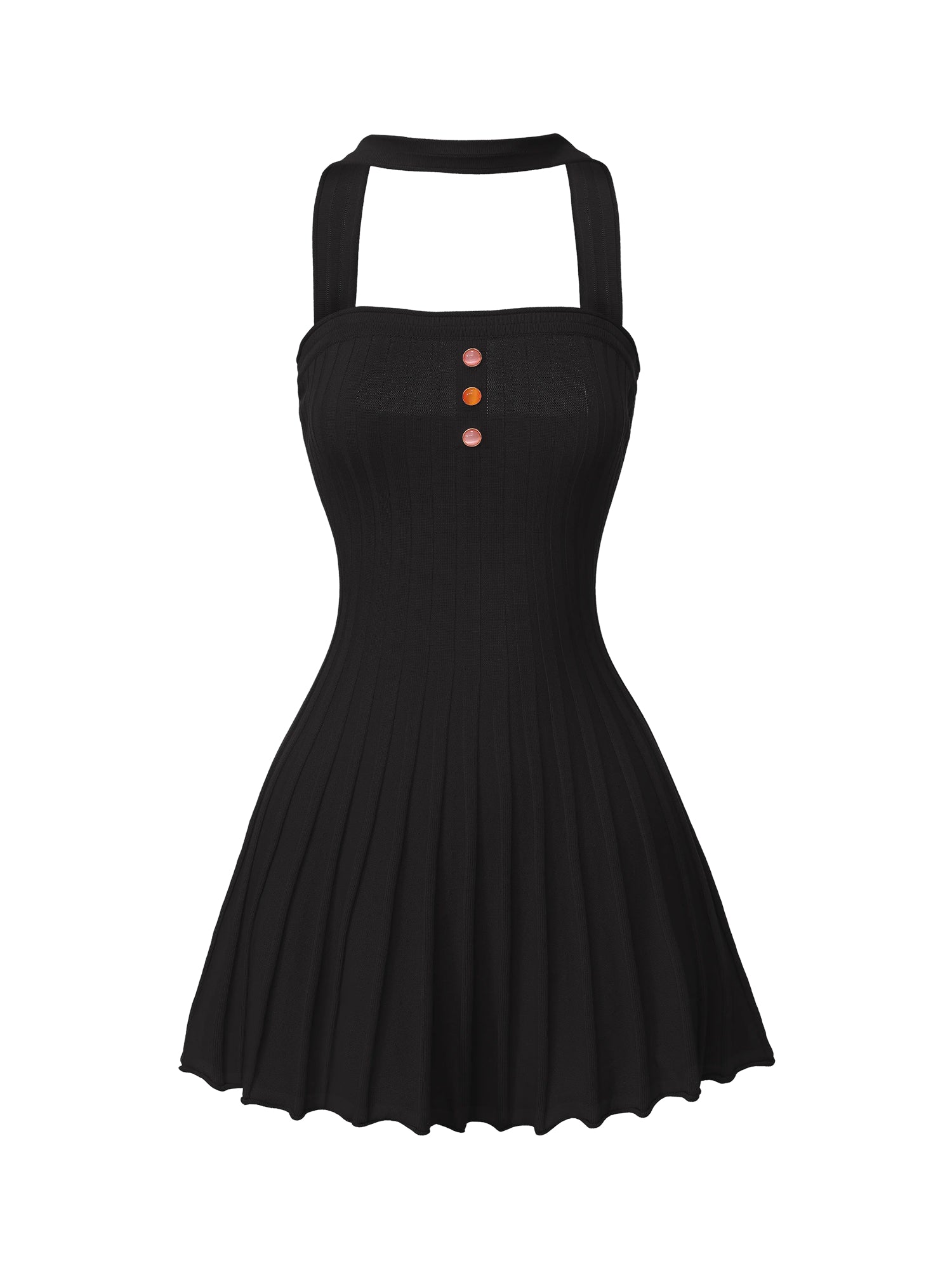 Ava Reverse Halter Black Knit Flared Dress