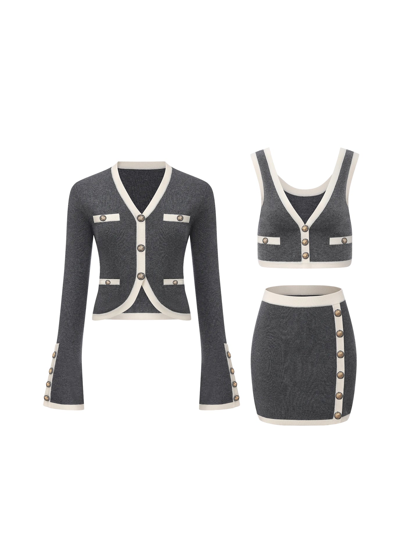 Lisette Contrast-Trim Grey Knit Three-Piece Set