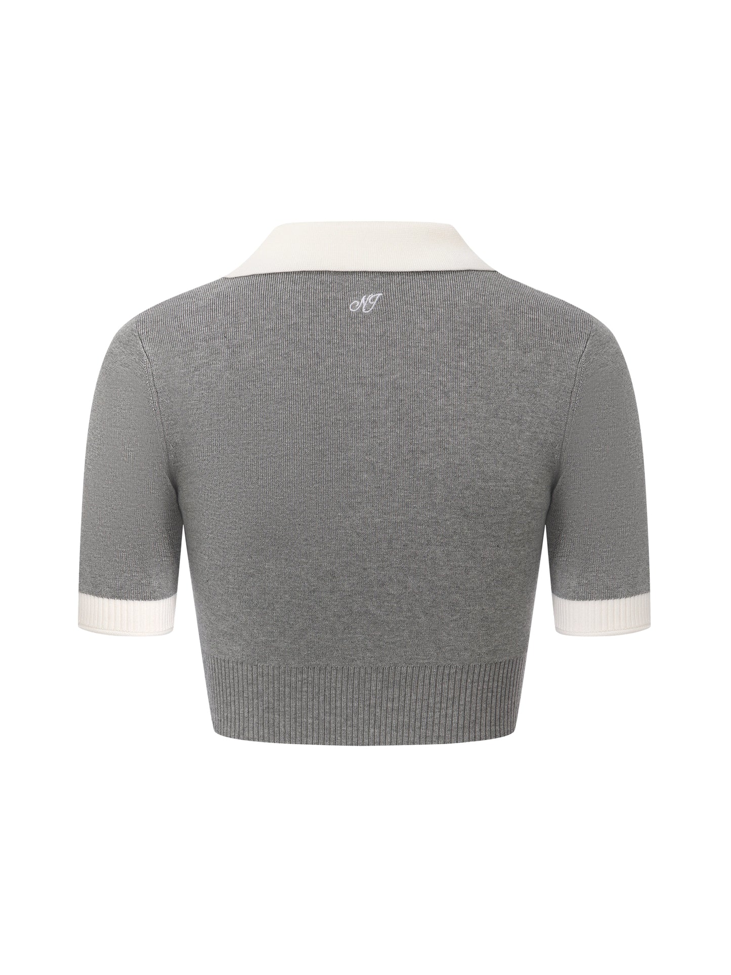 Mia Contrast-Collar Grey Short Sleeve Knit Top