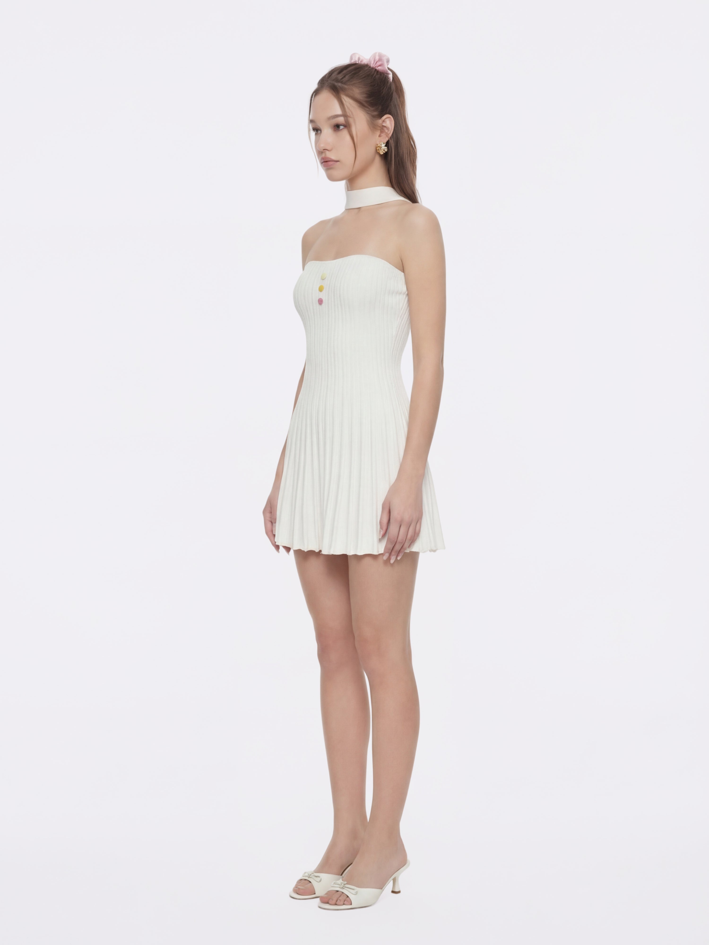 Ava Reverse Halter White Knit Flared Dress
