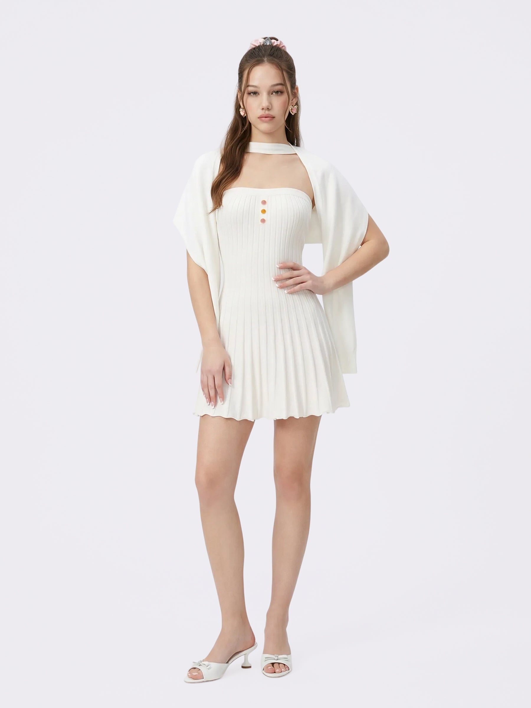 Ava Reverse Halter White Knit Flared Dress